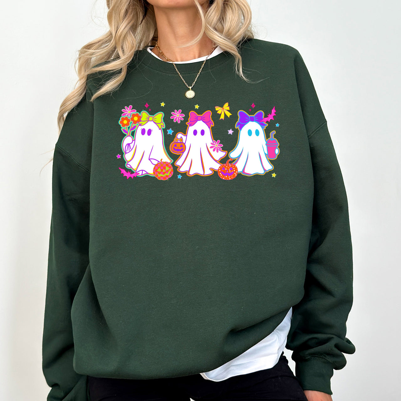Neon Ghosts Halloween Checkered Retro Vintage Spooky Costume Fall Graphic Sweatshirt