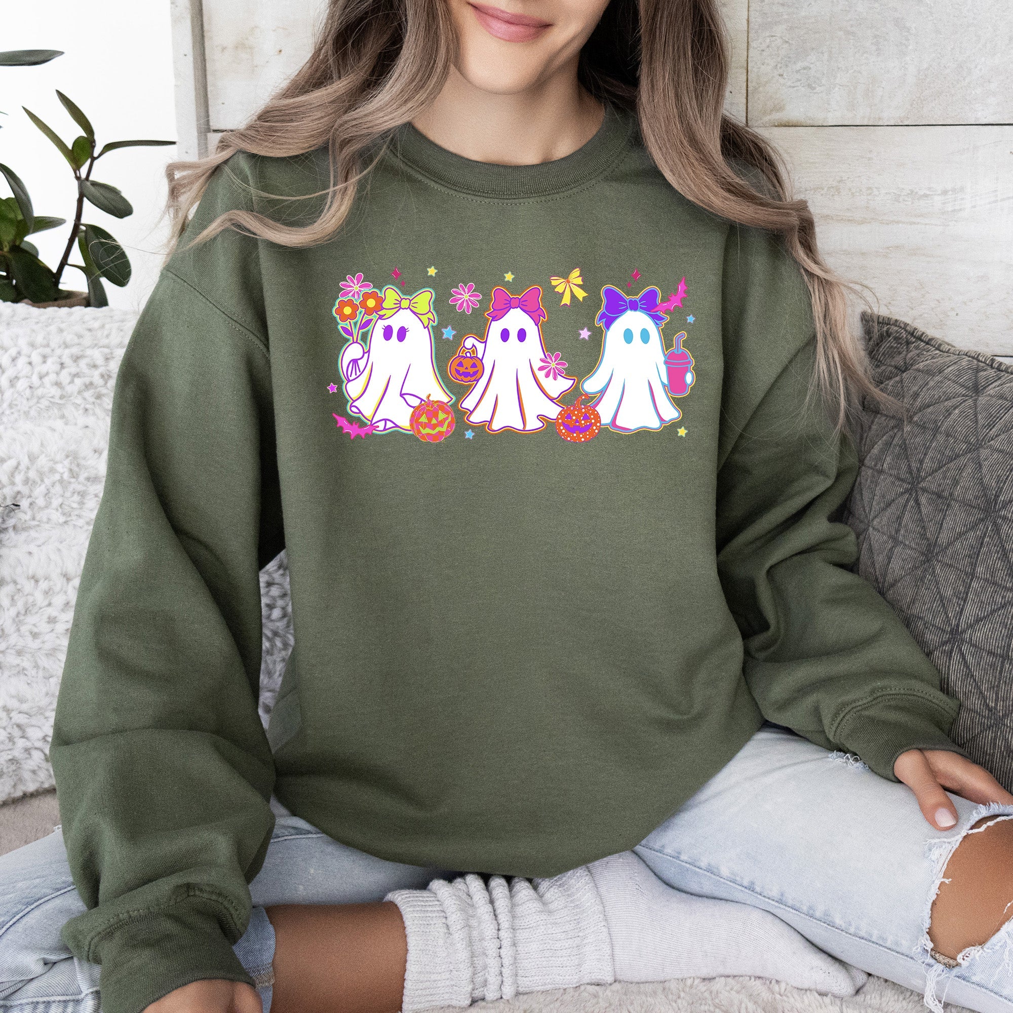Neon Ghosts Halloween Checkered Retro Vintage Spooky Costume Fall Graphic Sweatshirt