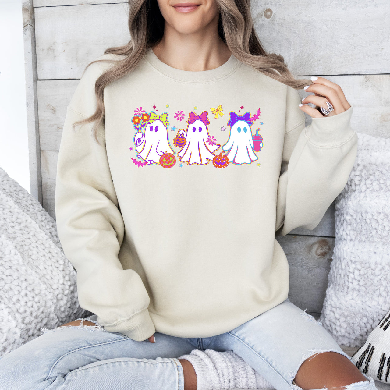 Neon Ghosts Halloween Checkered Retro Vintage Spooky Costume Fall Graphic Sweatshirt