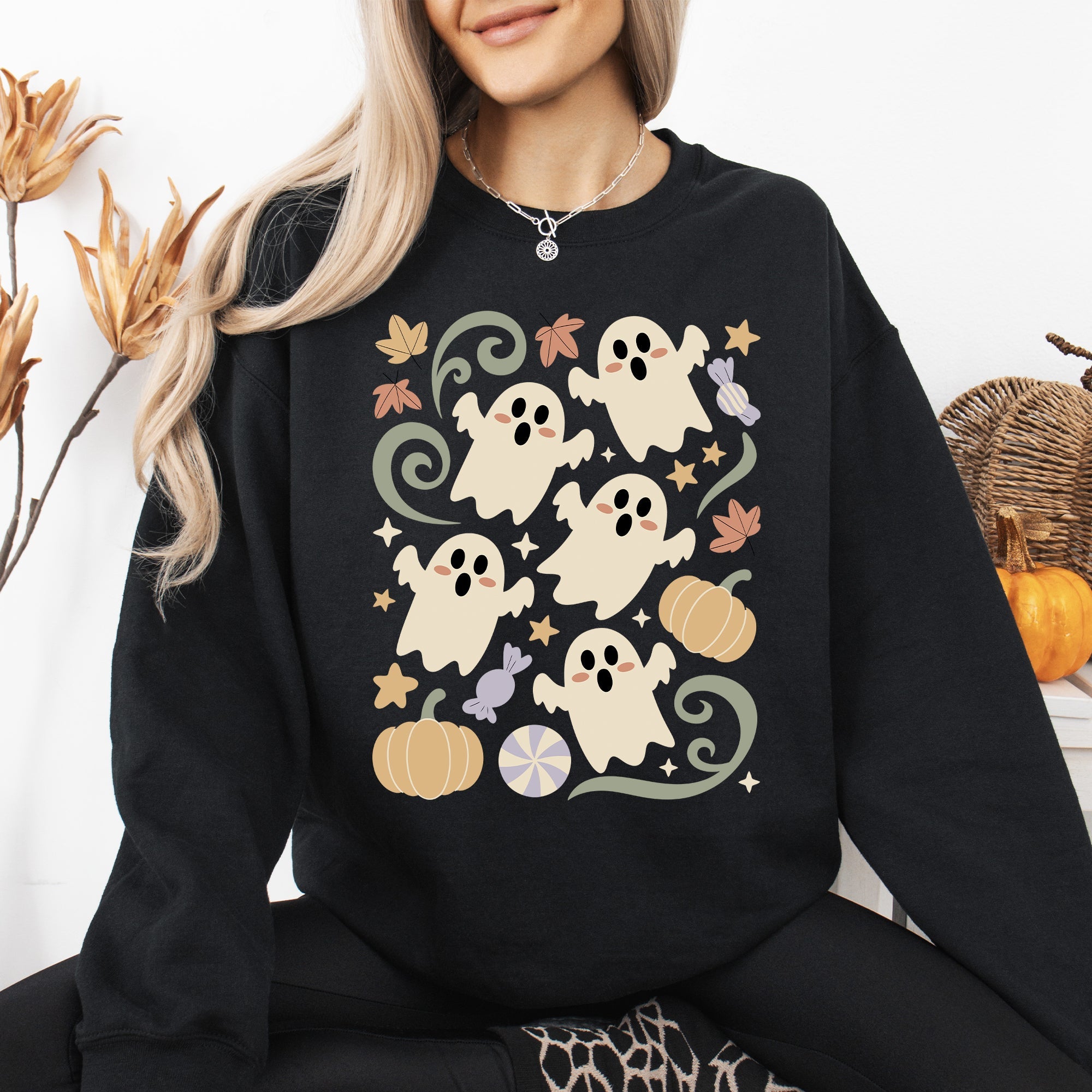 Vintage Ghosts Floral Halloween Retro Spooky Neon Patchwork Nightfall Graphic Sweatshirt
