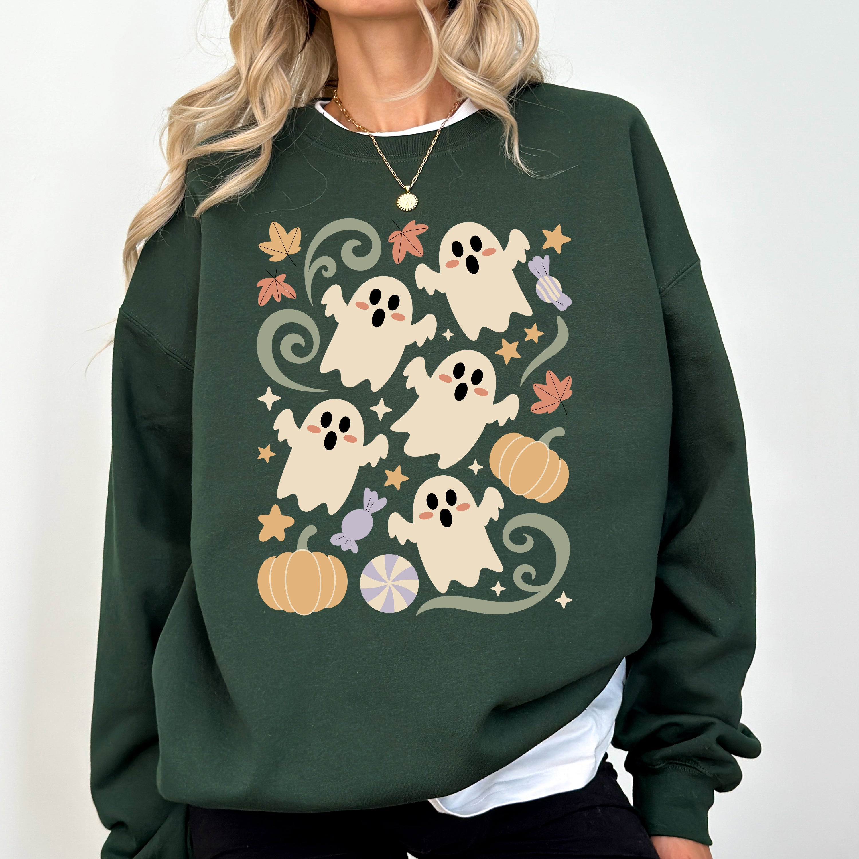 Vintage Ghosts Floral Halloween Retro Spooky Neon Patchwork Nightfall Graphic Sweatshirt