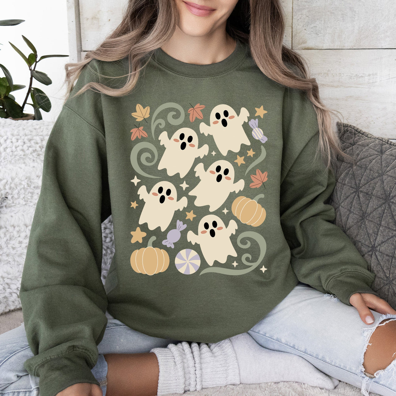 Vintage Ghosts Floral Halloween Retro Spooky Neon Patchwork Nightfall Graphic Sweatshirt