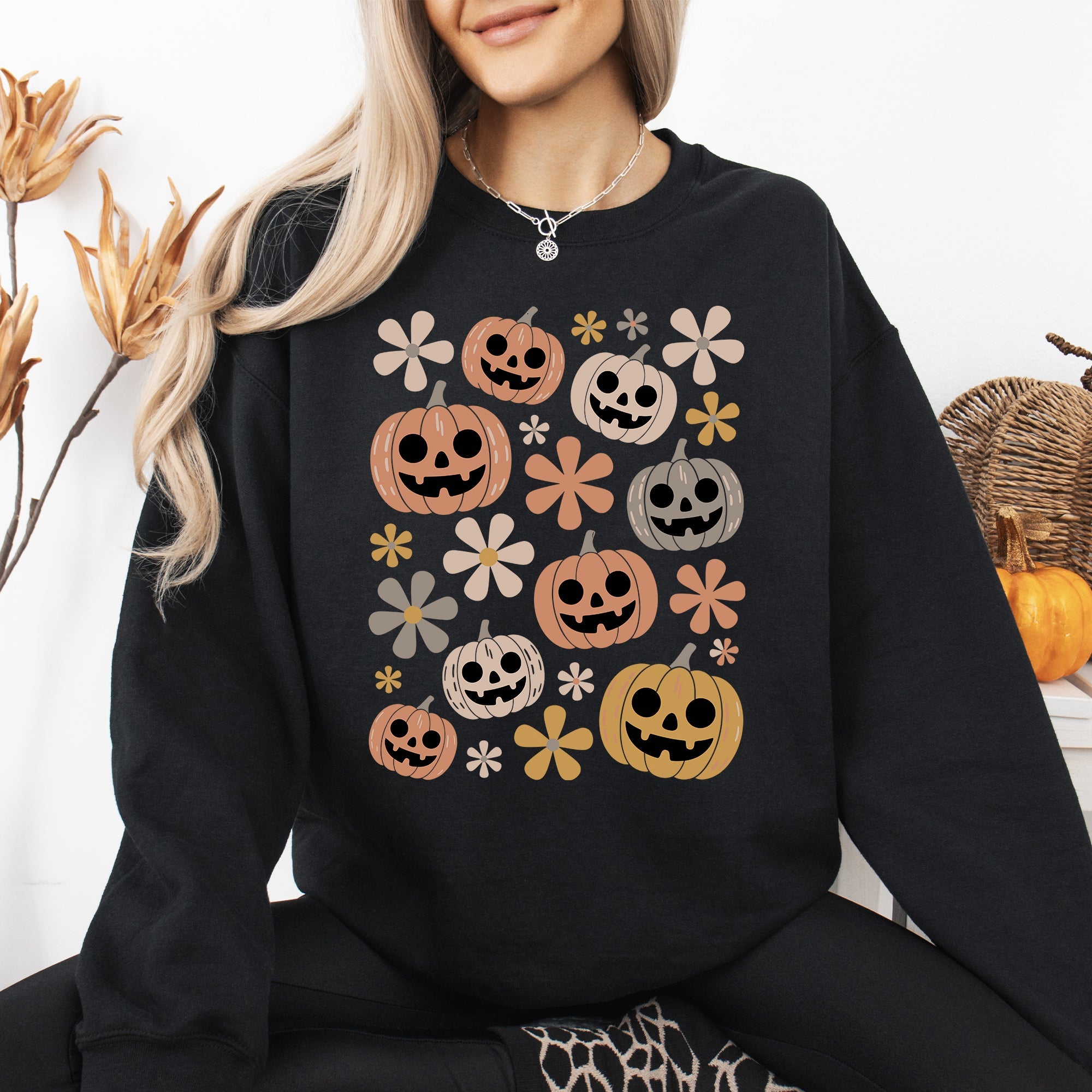Pumpkins And Flowers Halloween Neon Retro Vintage Spooky Checkered Patchwork Graphic Sweatshirt