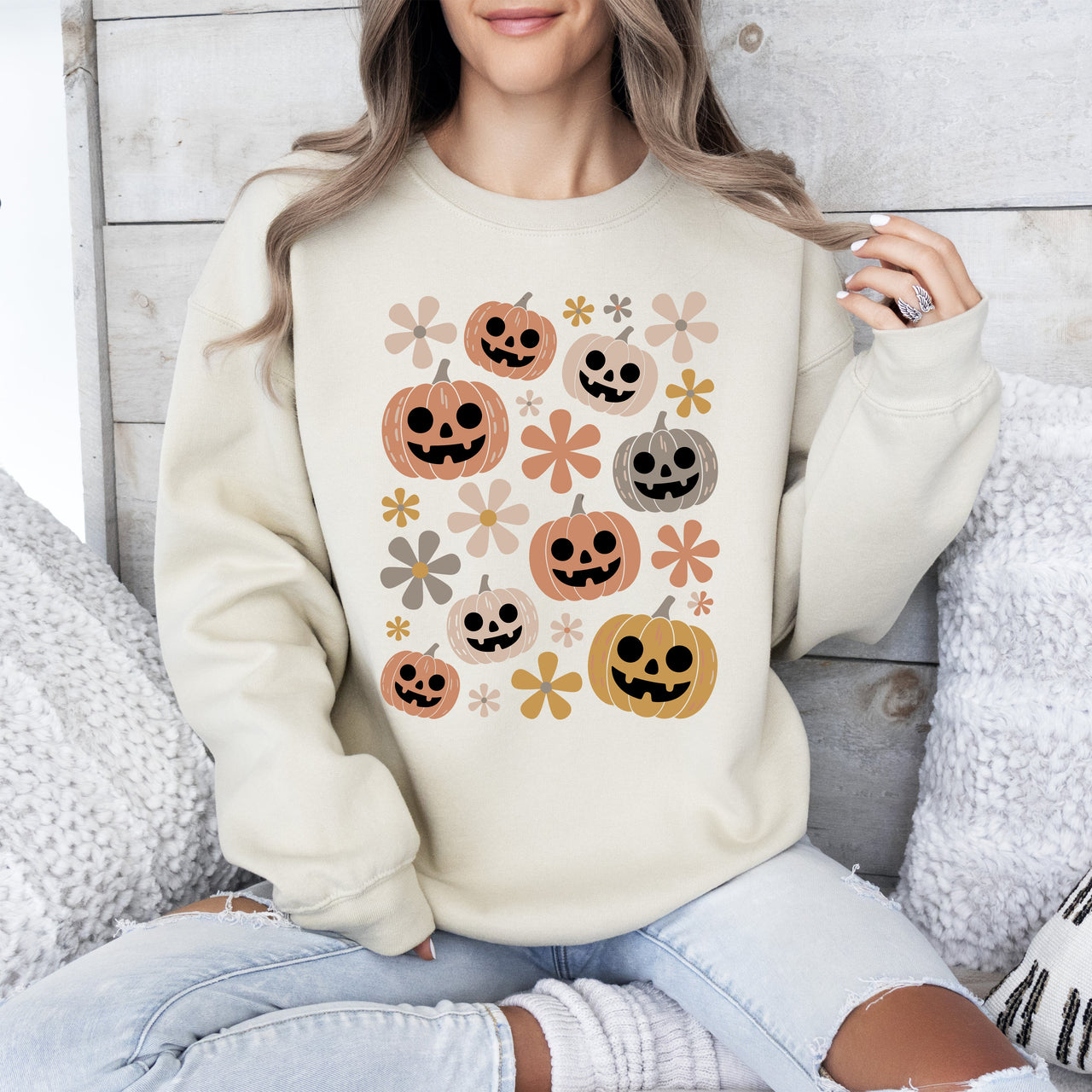Pumpkins And Flowers Halloween Neon Retro Vintage Spooky Checkered Patchwork Graphic Sweatshirt