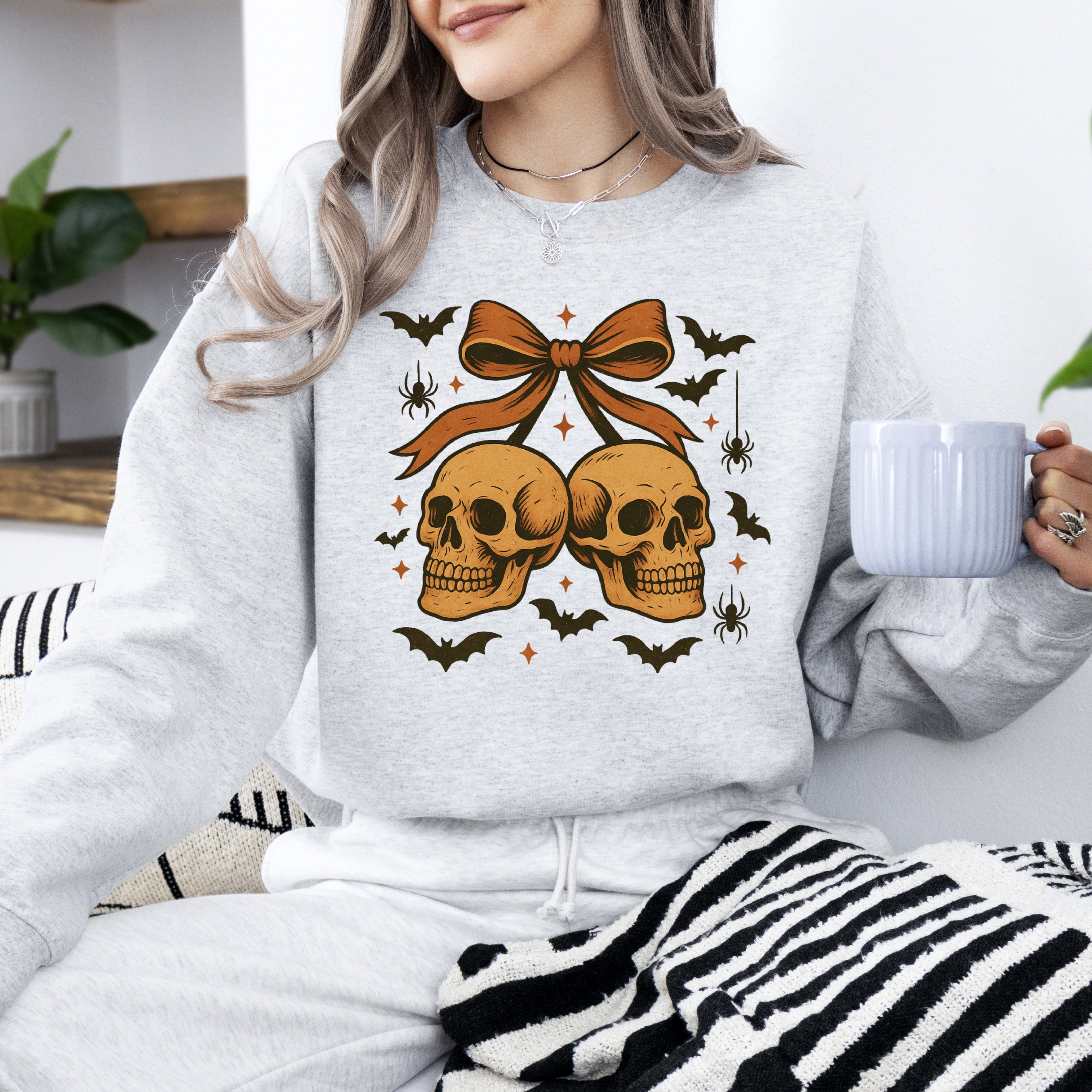 Skull Bow Coquette Bats Ghost Western Halloween Retro Vintage Spooky Graphic Sweatshirt