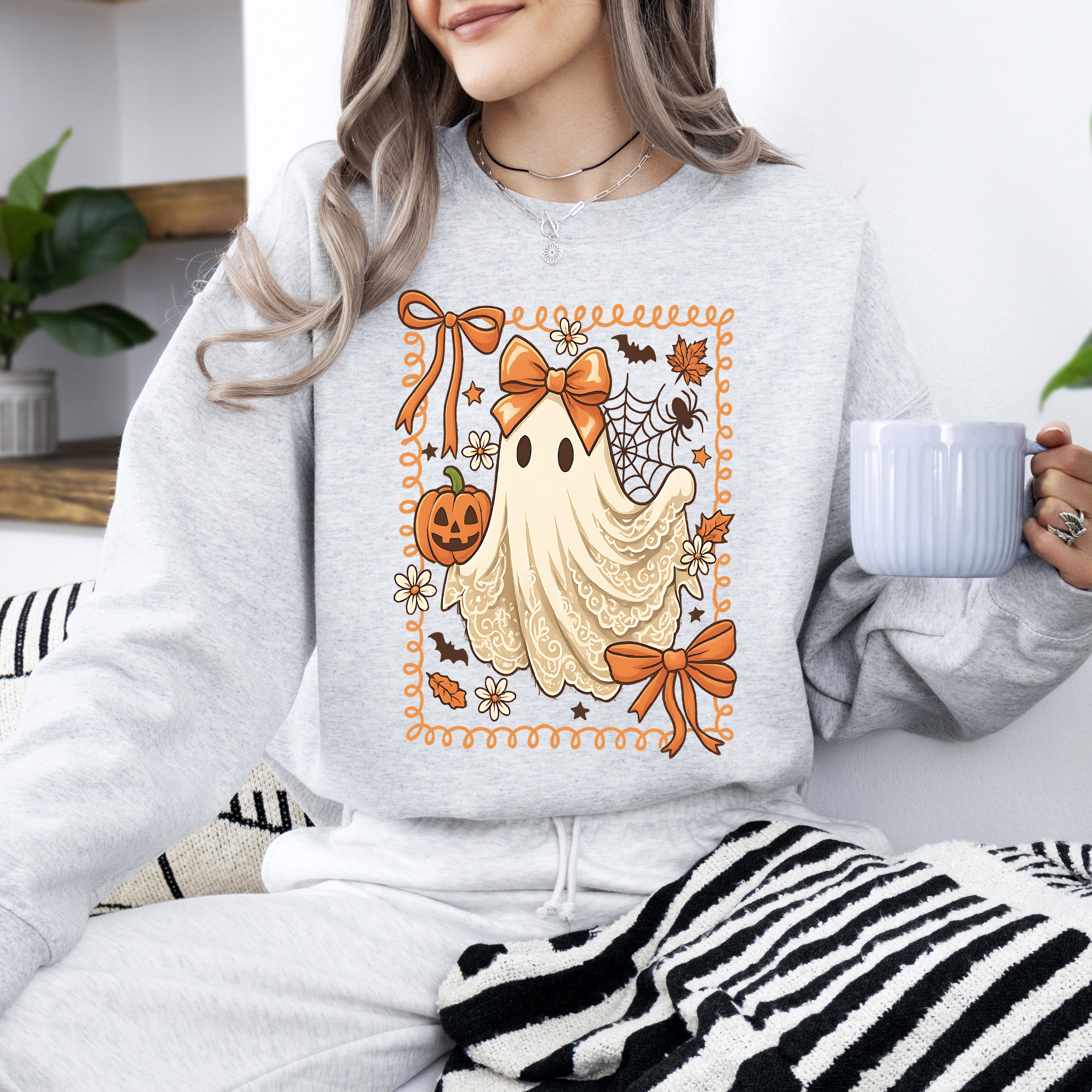 Coquette Ghost Bow Lace Pumpkin Halloween Retro Vintage Spooky Costume Fall Graphic Sweatshirt