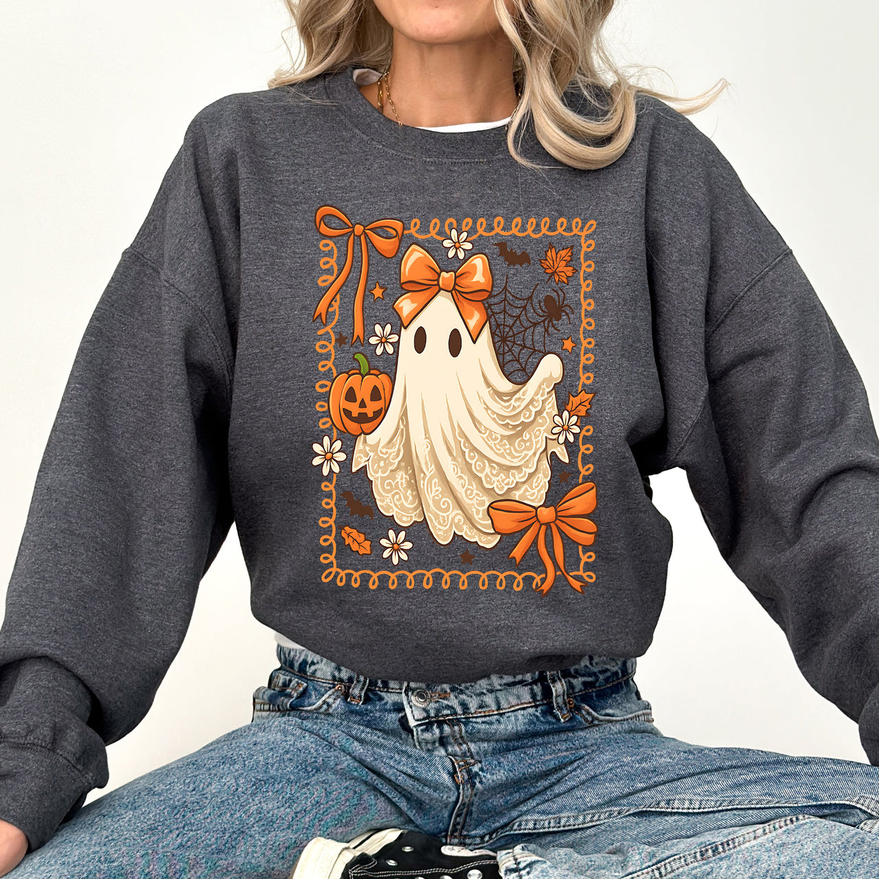Coquette Ghost Bow Lace Pumpkin Halloween Retro Vintage Spooky Costume Fall Graphic Sweatshirt
