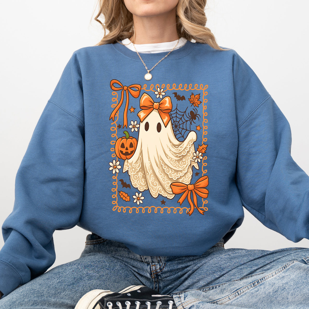 Coquette Ghost Bow Lace Pumpkin Halloween Retro Vintage Spooky Costume Fall Graphic Sweatshirt