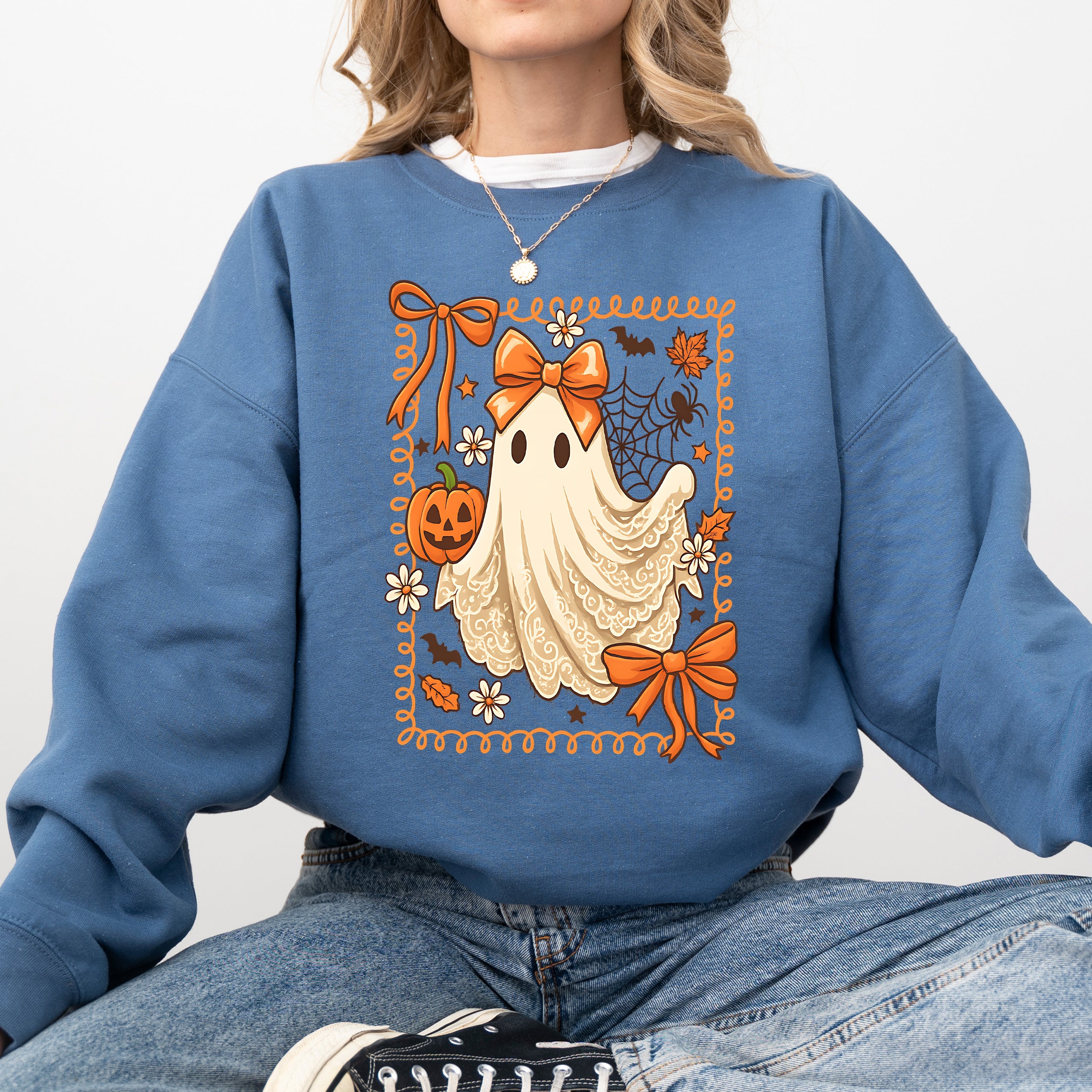 Coquette Ghost Bow Lace Pumpkin Halloween Retro Vintage Spooky Costume Fall Graphic Sweatshirt
