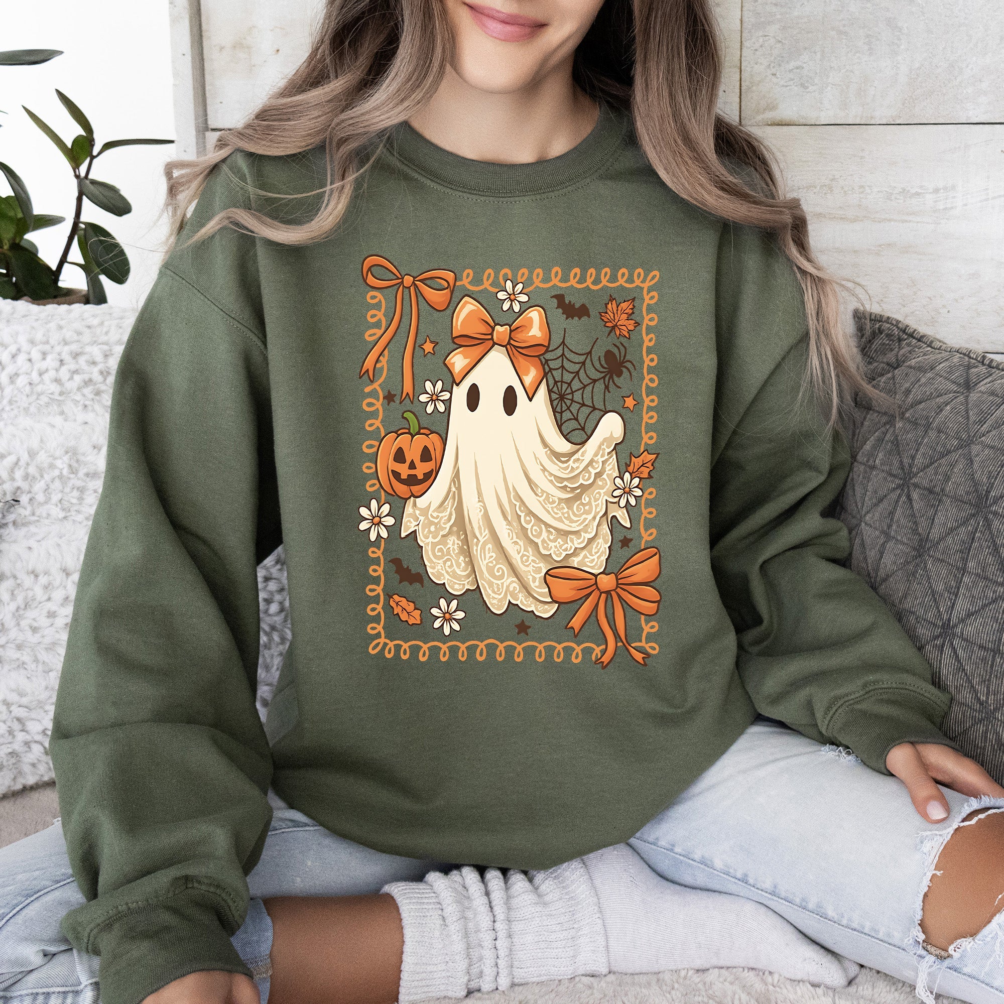 Coquette Ghost Bow Lace Pumpkin Halloween Retro Vintage Spooky Costume Fall Graphic Sweatshirt