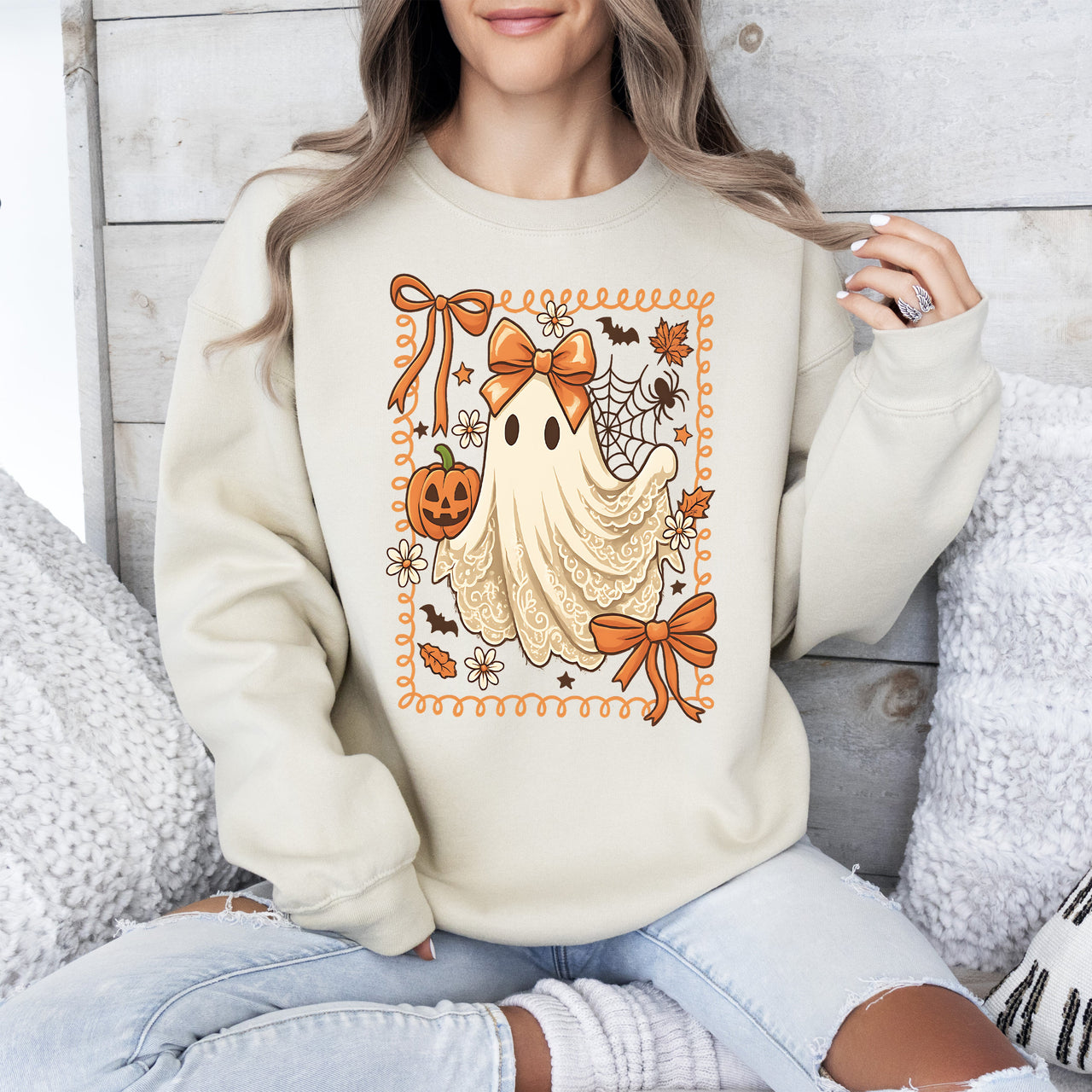 Coquette Ghost Bow Lace Pumpkin Halloween Retro Vintage Spooky Costume Fall Graphic Sweatshirt