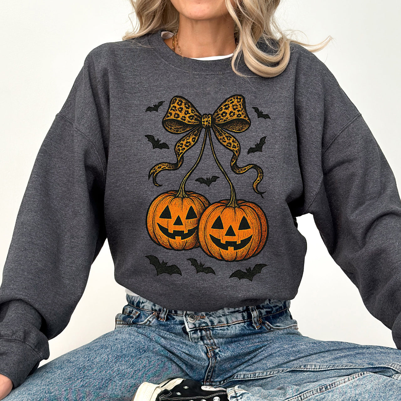 Pumpkin Coquette Bow Ghosts Halloween Retro Vintage Spooky Fall Graphic Sweatshirt