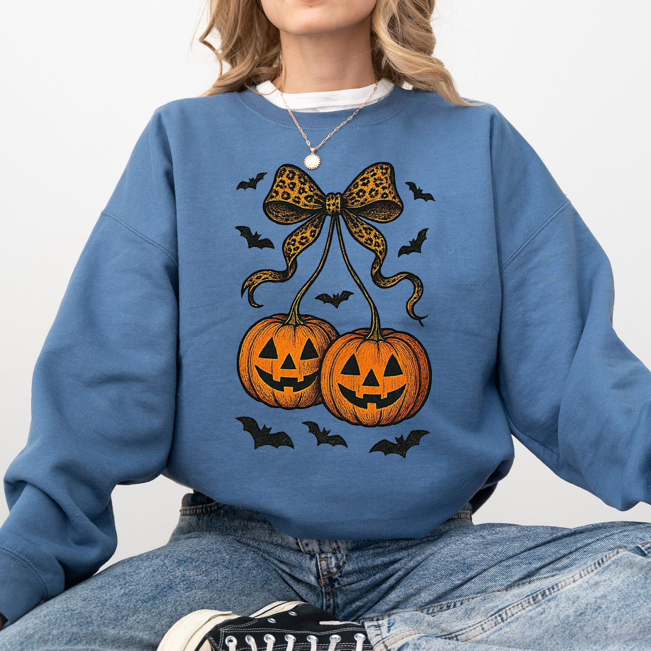 Pumpkin Coquette Bow Ghosts Halloween Retro Vintage Spooky Fall Graphic Sweatshirt