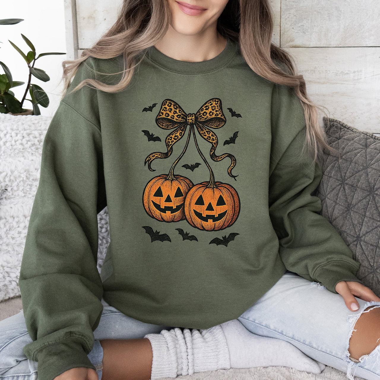 Pumpkin Coquette Bow Ghosts Halloween Retro Vintage Spooky Fall Graphic Sweatshirt