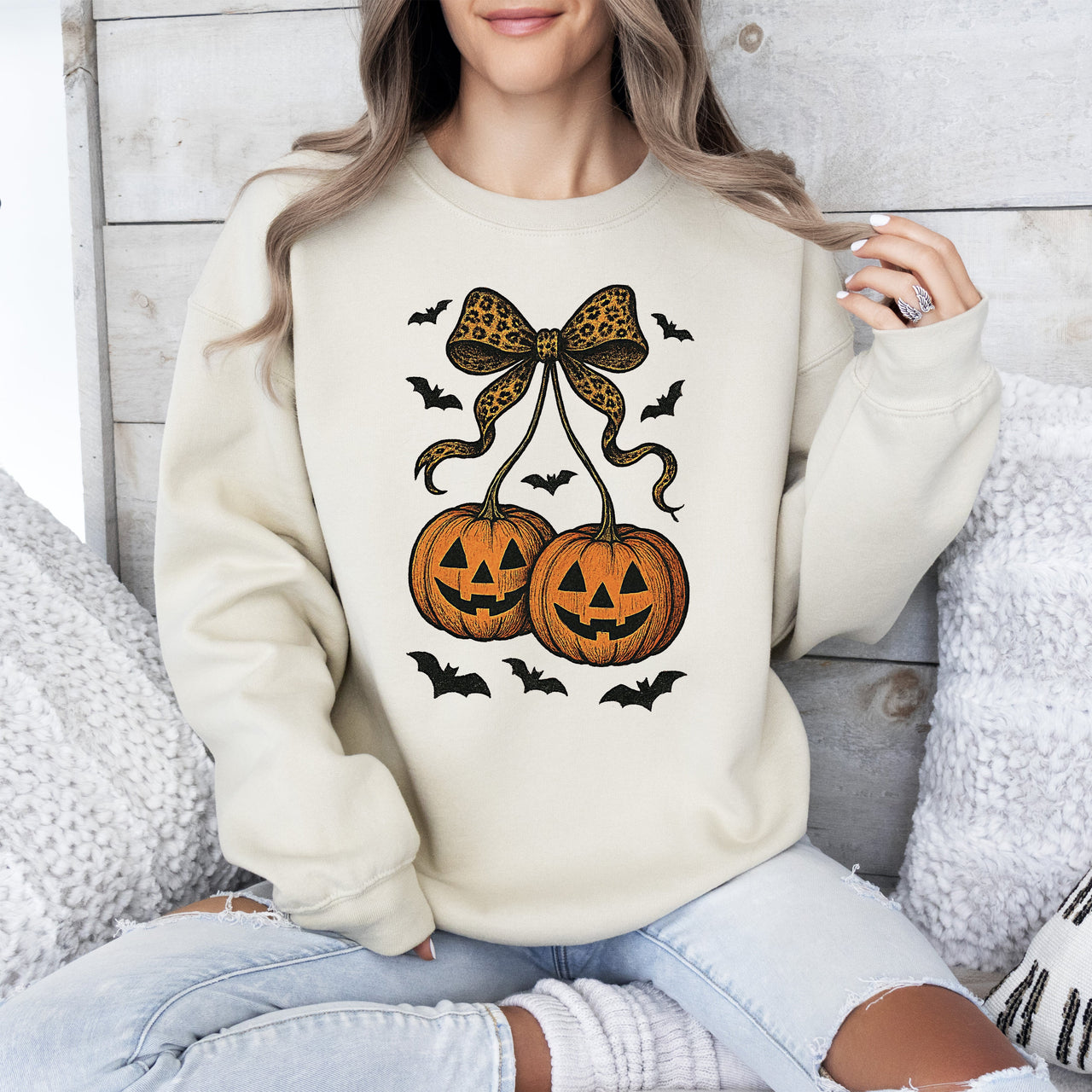 Pumpkin Coquette Bow Ghosts Halloween Retro Vintage Spooky Fall Graphic Sweatshirt
