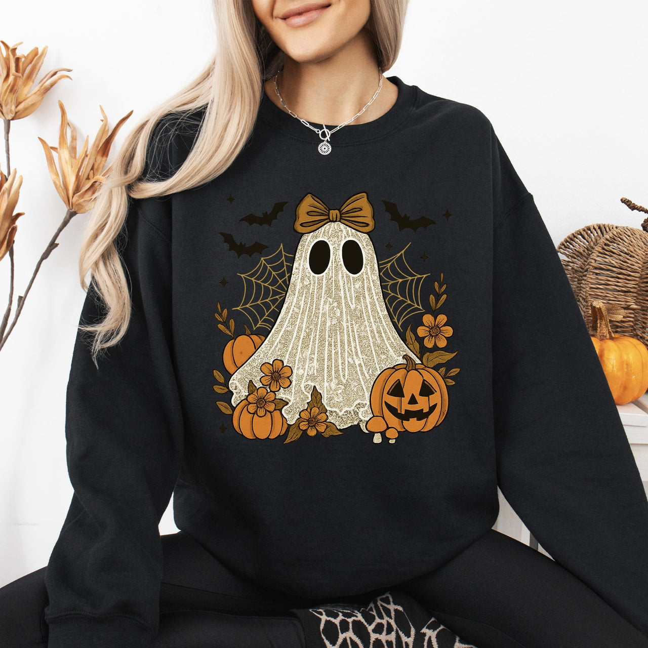 Cute Ghost Bow Coquette Bats Lace Halloween Retro Vintage Spooky Costume Fall Graphic Sweatshirt