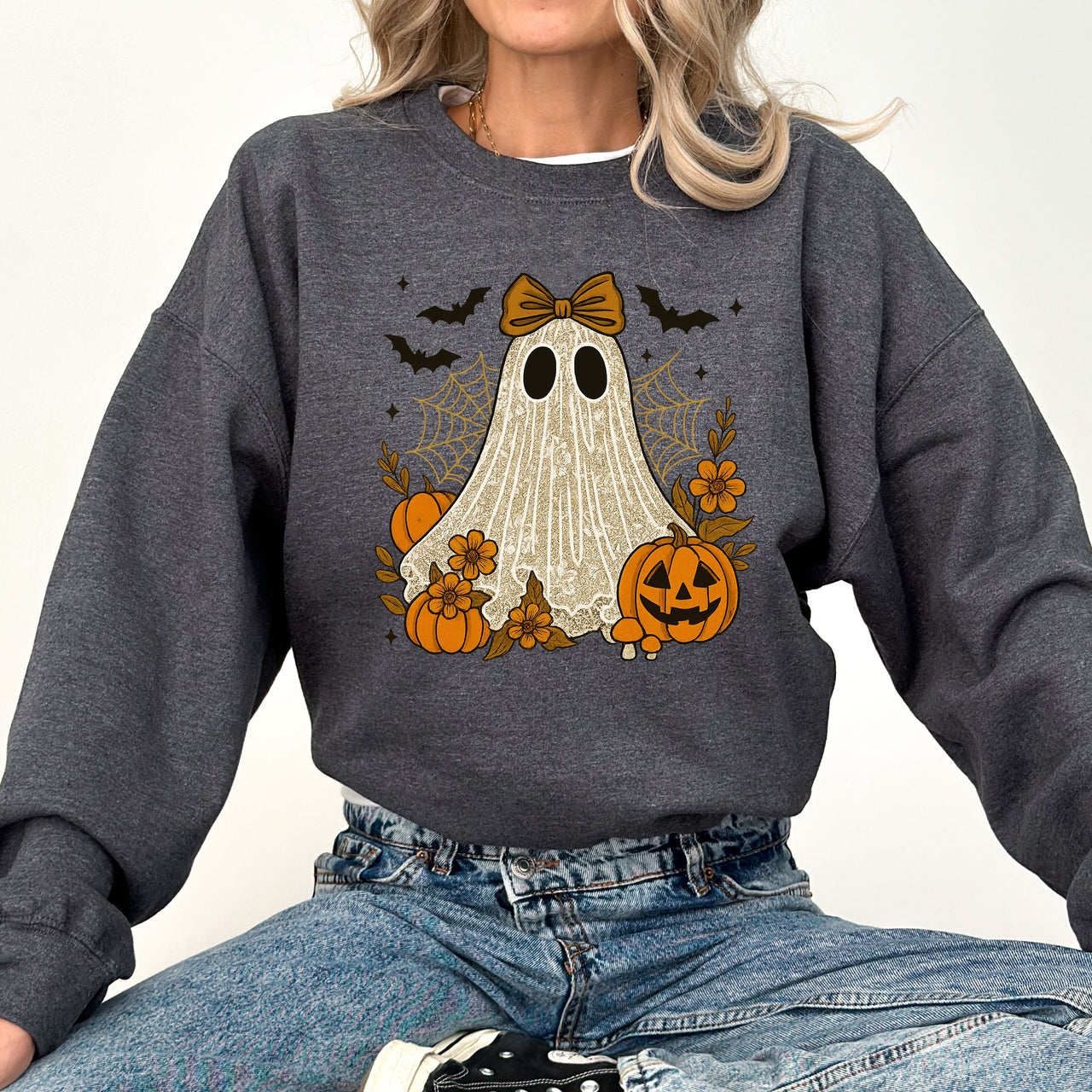 Cute Ghost Bow Coquette Bats Lace Halloween Retro Vintage Spooky Costume Fall Graphic Sweatshirt