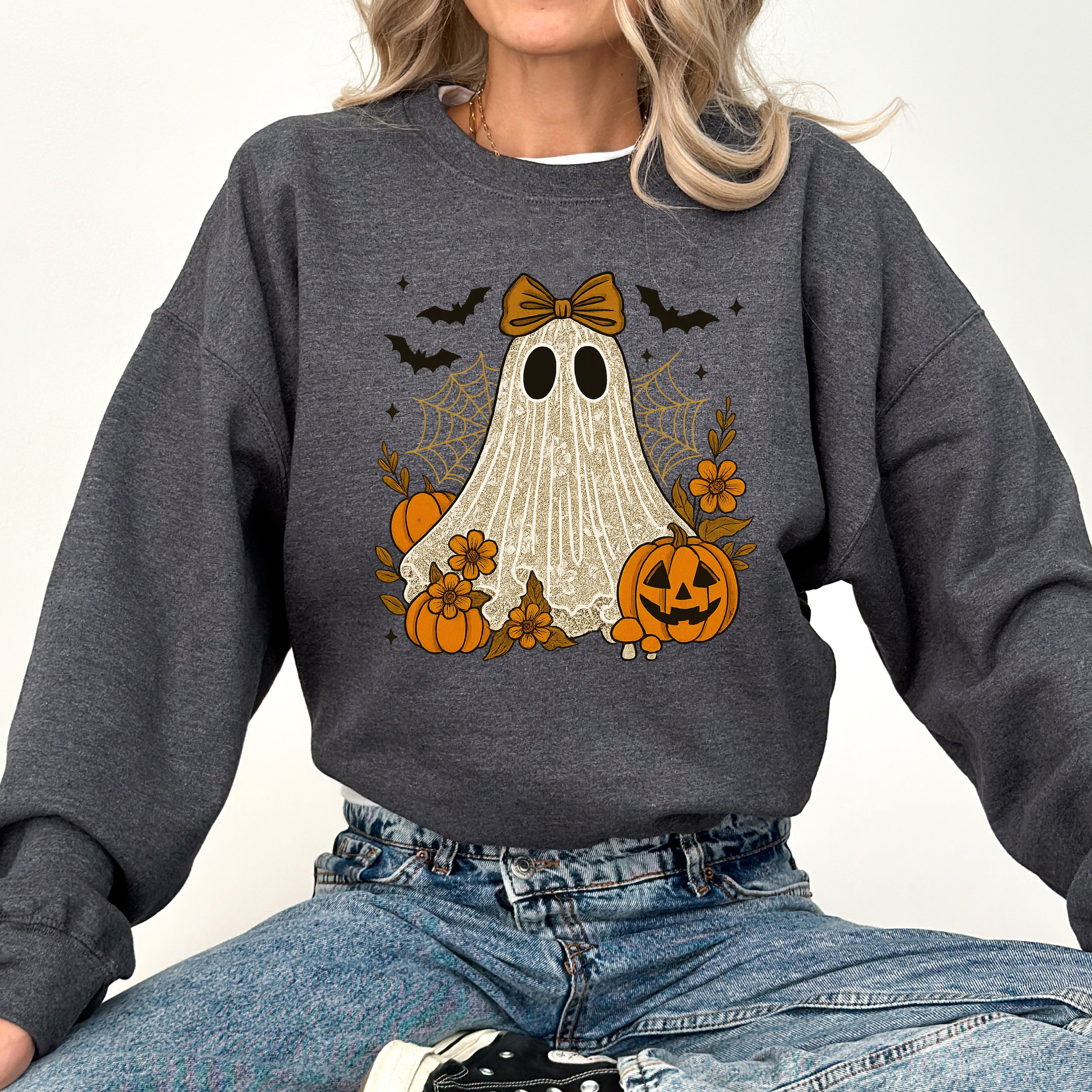 Cute Ghost Bow Coquette Bats Lace Halloween Retro Vintage Spooky Costume Fall Graphic Sweatshirt