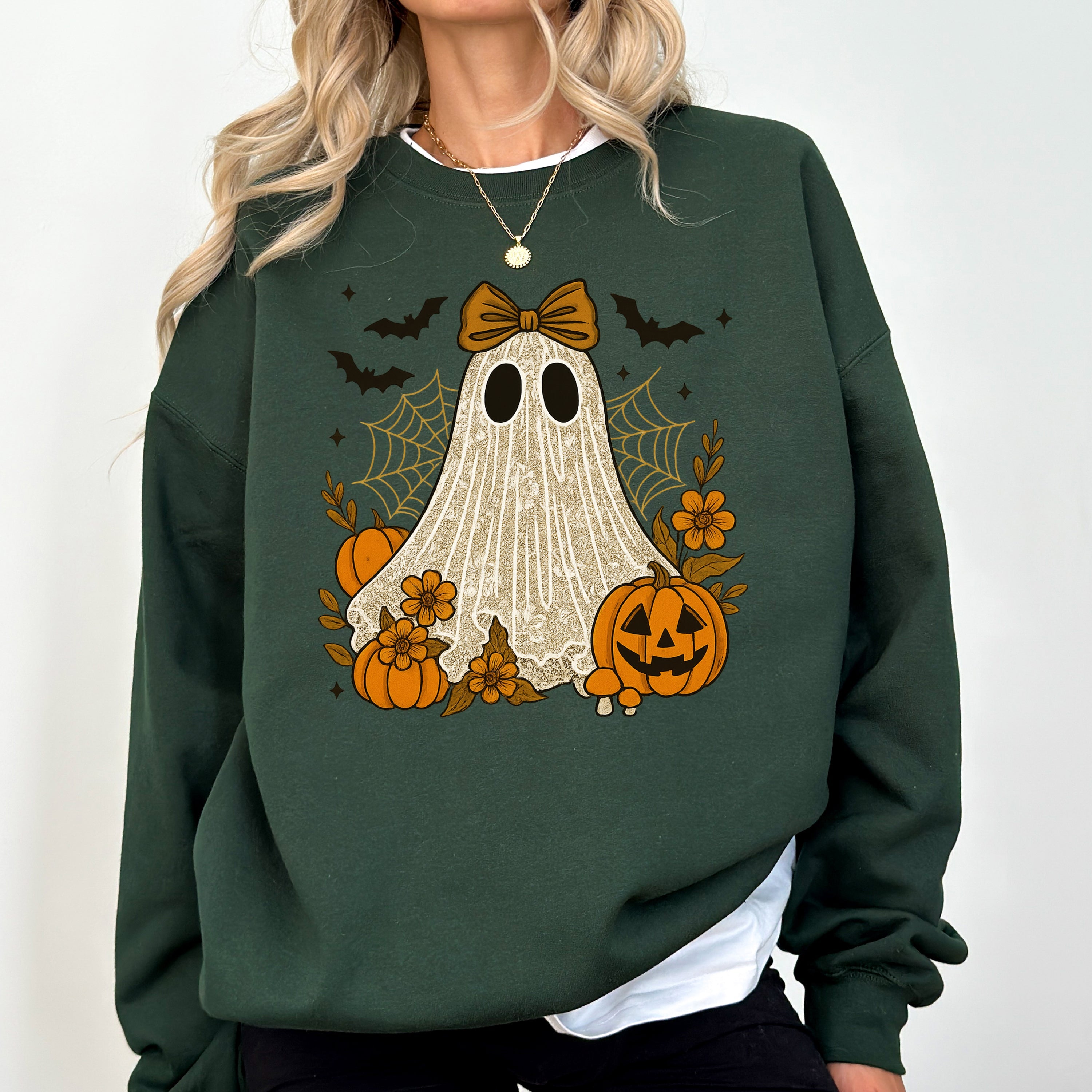 Cute Ghost Bow Coquette Bats Lace Halloween Retro Vintage Spooky Costume Fall Graphic Sweatshirt