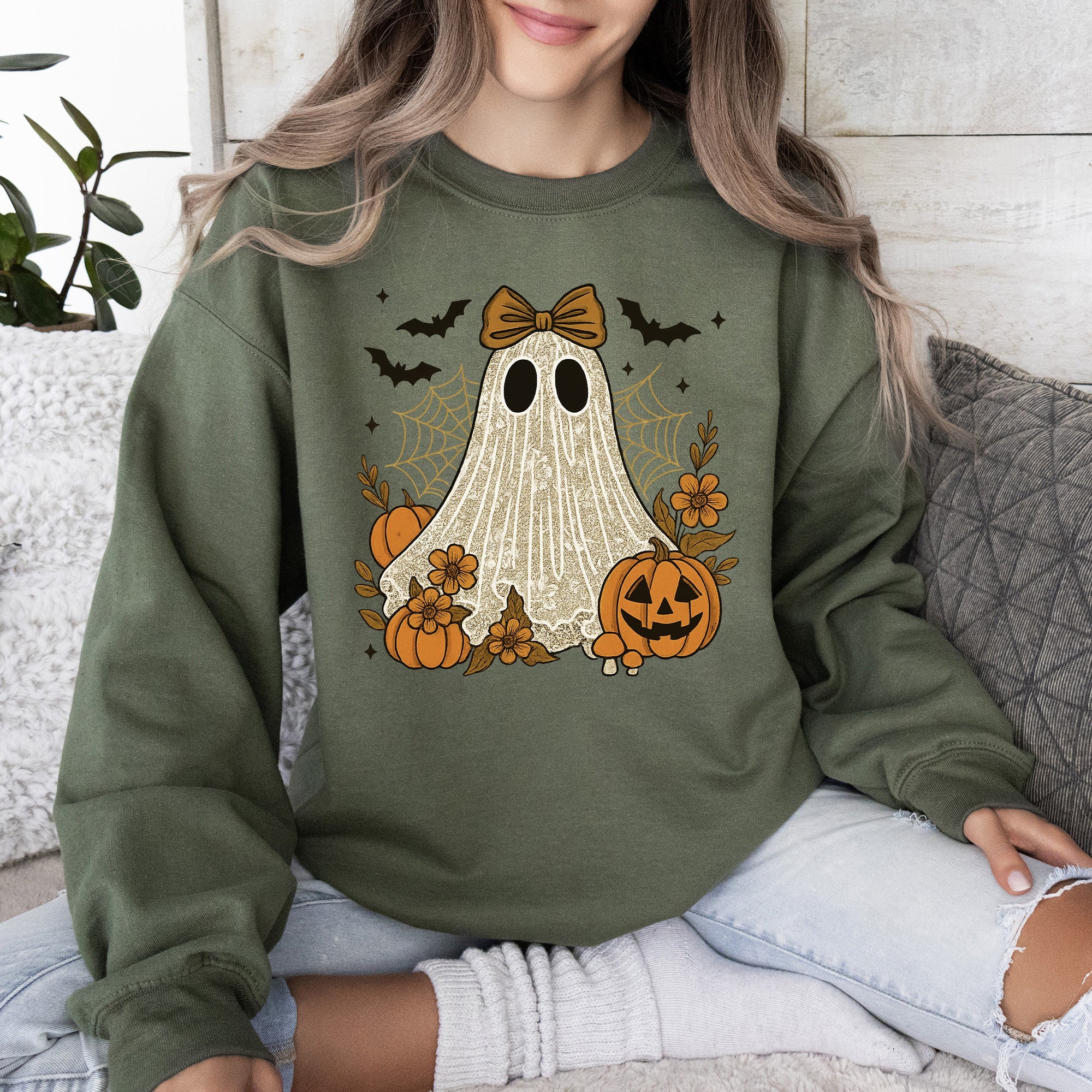 Cute Ghost Bow Coquette Bats Lace Halloween Retro Vintage Spooky Costume Fall Graphic Sweatshirt