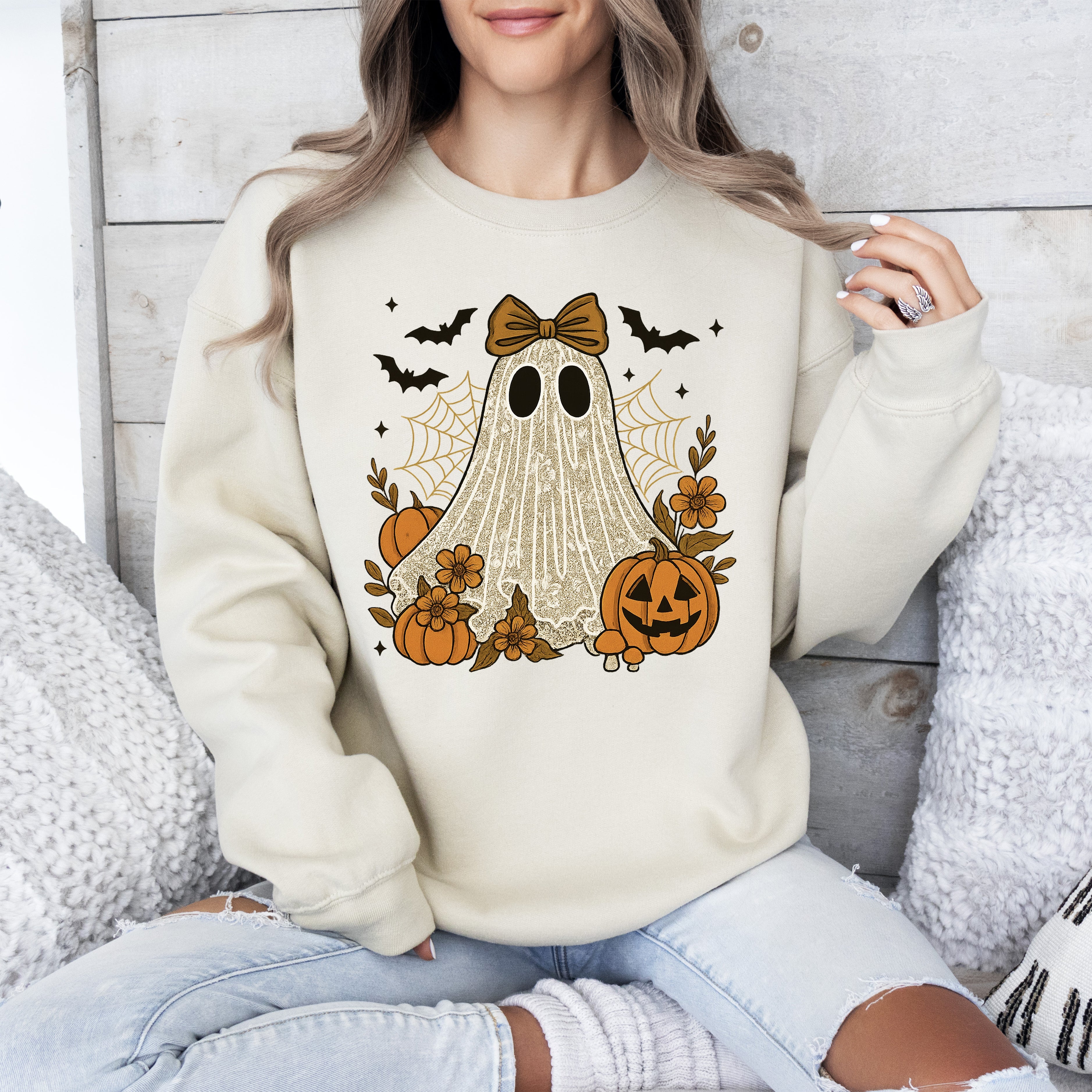 Cute Ghost Bow Coquette Bats Lace Halloween Retro Vintage Spooky Costume Fall Graphic Sweatshirt
