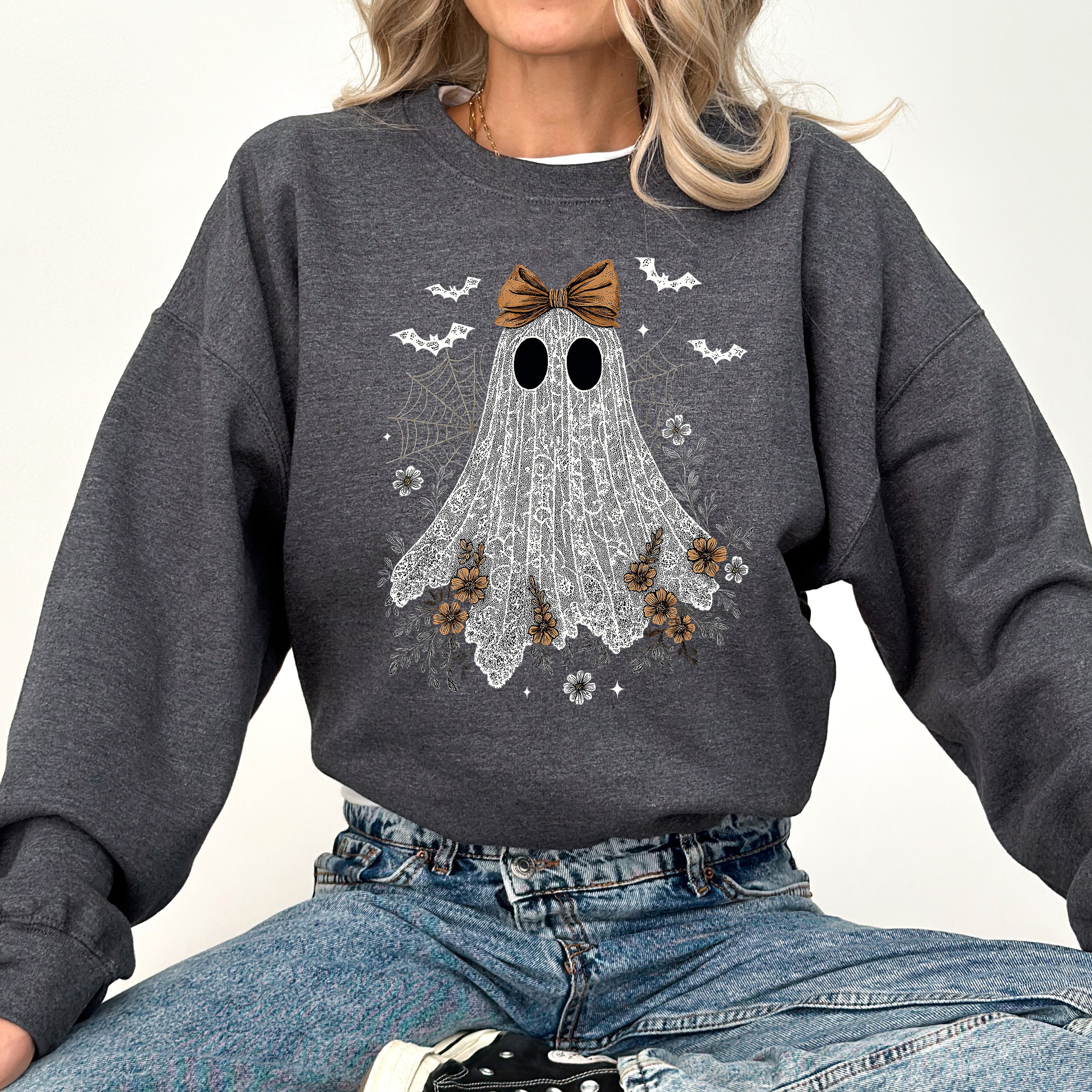 Cute Lace Ghost Bow Coquette Bats Halloween Vintage Nostalgic Cozy Retro Graphic Sweatshirt