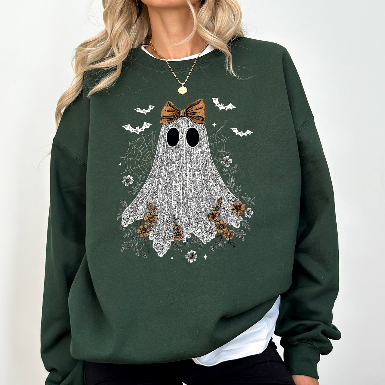 Cute Lace Ghost Bow Coquette Bats Halloween Vintage Nostalgic Cozy Retro Graphic Sweatshirt