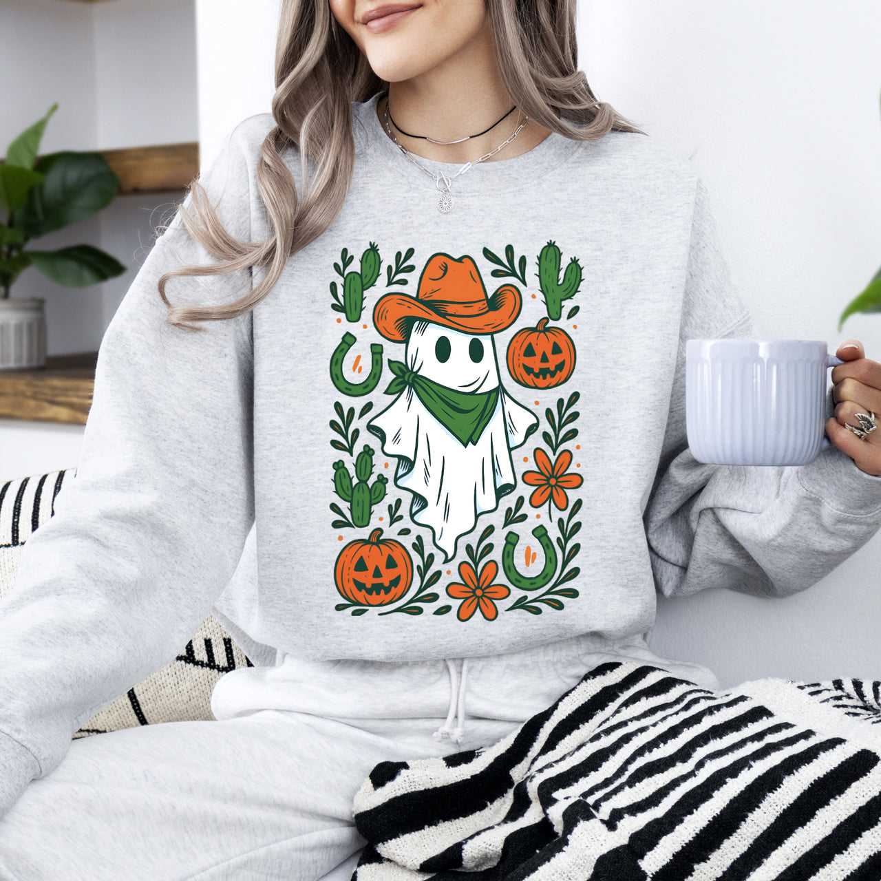 Western Ghost Cowboy Pumpkin Halloween Retro Vintage Spooky Costume Fall Graphic Sweatshirt