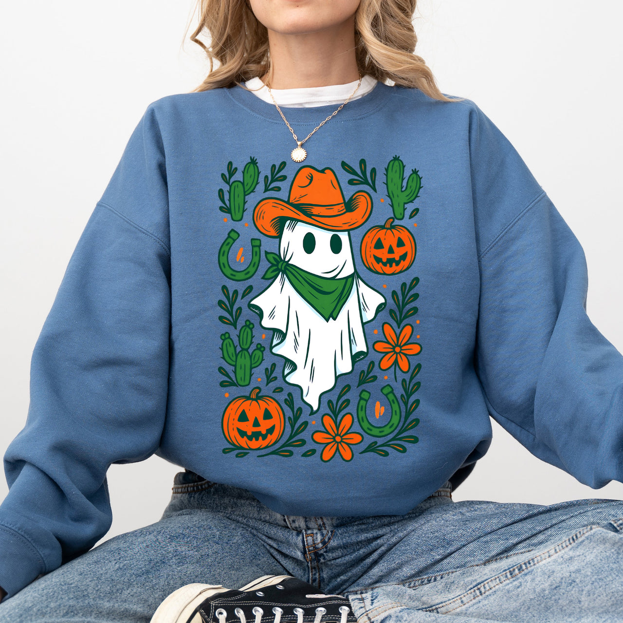 Western Ghost Cowboy Pumpkin Halloween Retro Vintage Spooky Costume Fall Graphic Sweatshirt