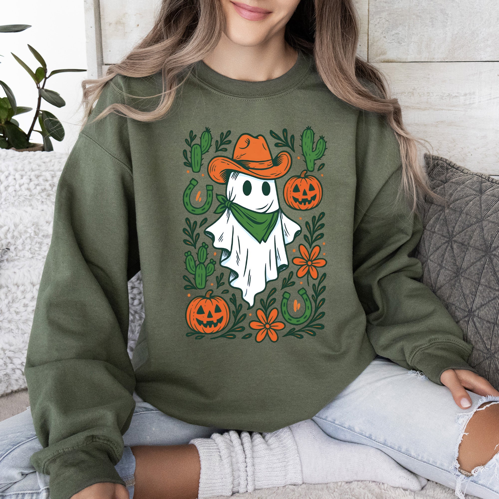 Western Ghost Cowboy Pumpkin Halloween Retro Vintage Spooky Costume Fall Graphic Sweatshirt