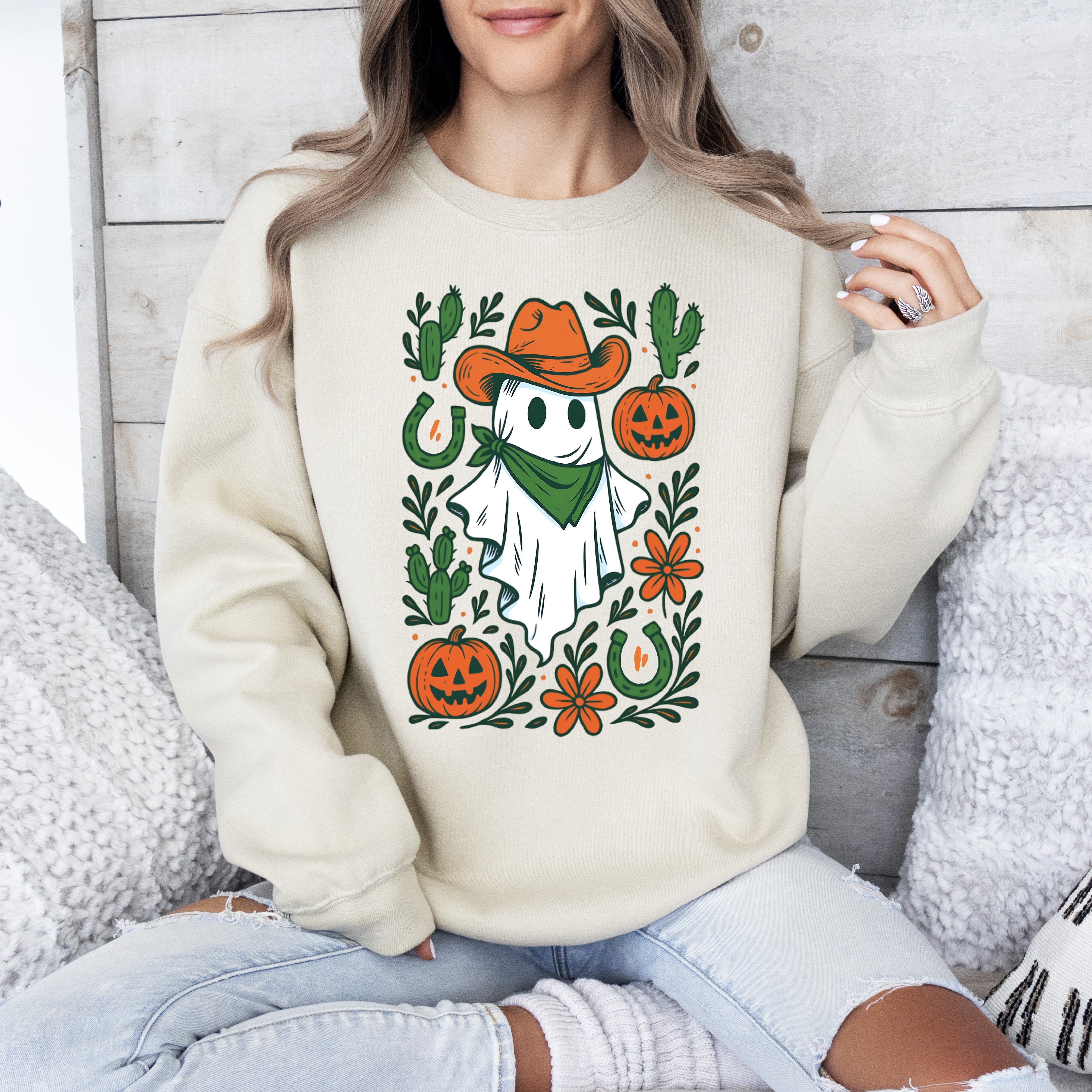 Western Ghost Cowboy Pumpkin Halloween Retro Vintage Spooky Costume Fall Graphic Sweatshirt