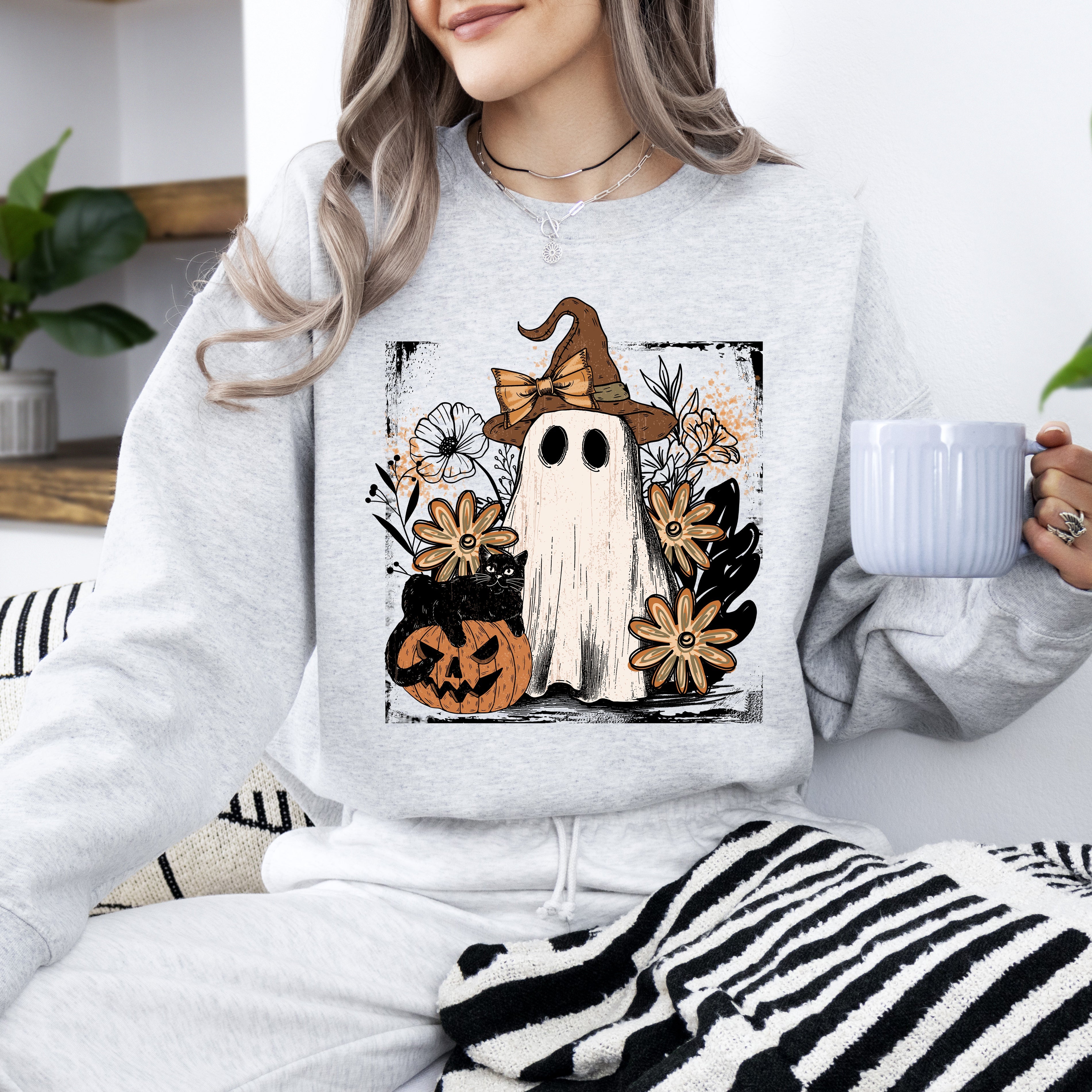 Pink Neon Ghost Witch Bow Pumpkin Floral Coquette Retro Halloween Graphic Sweatshirt