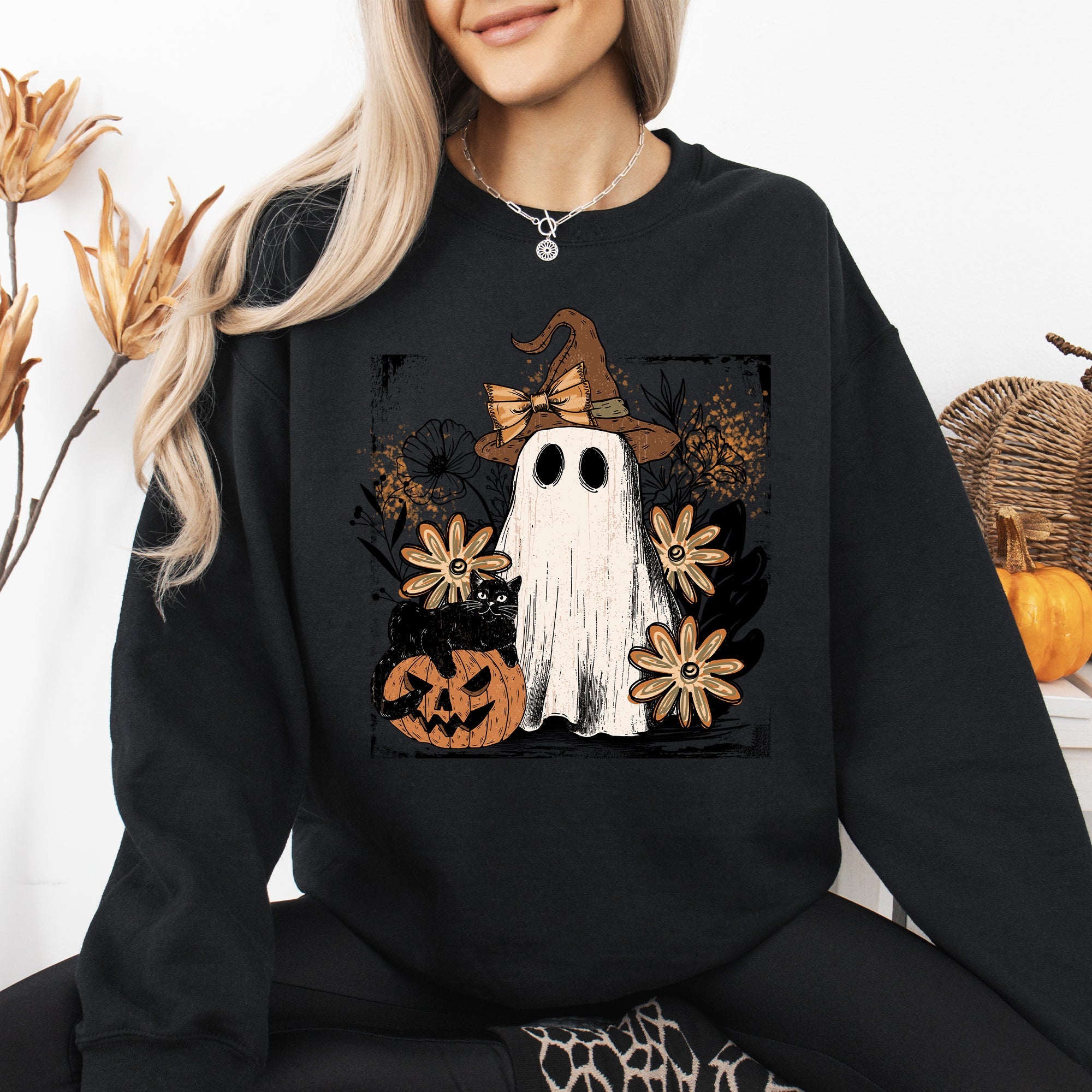 Pink Neon Ghost Witch Bow Pumpkin Floral Coquette Retro Halloween Graphic Sweatshirt