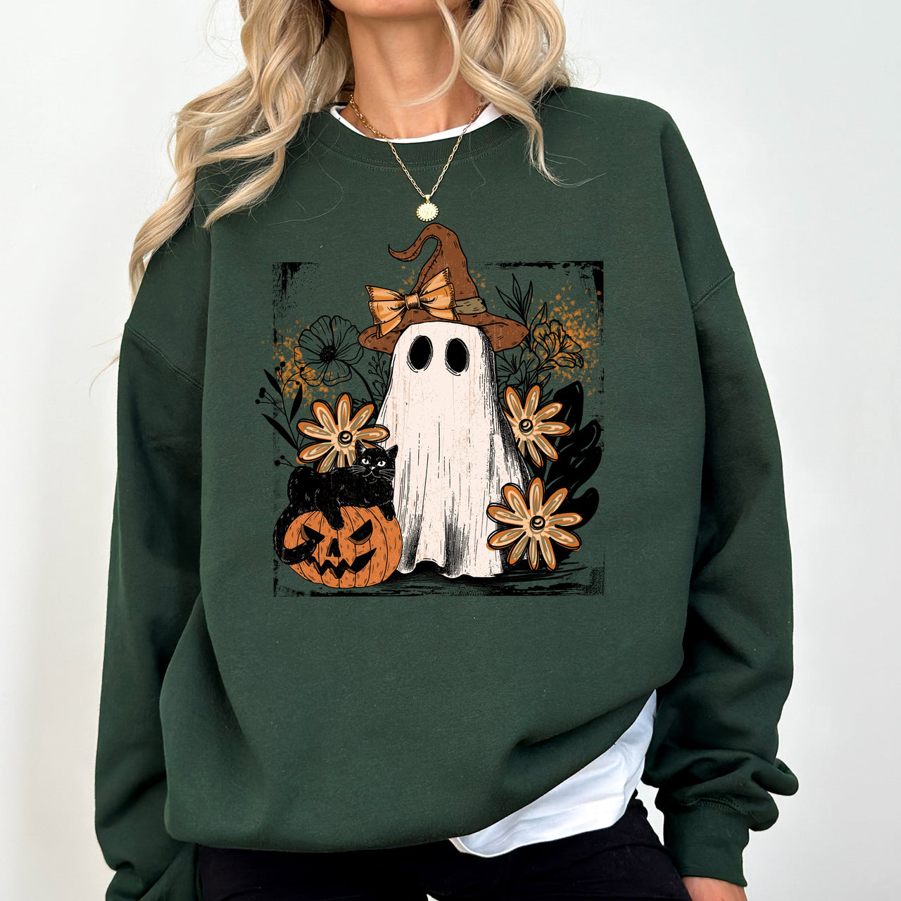 Pink Neon Ghost Witch Bow Pumpkin Floral Coquette Retro Halloween Graphic Sweatshirt