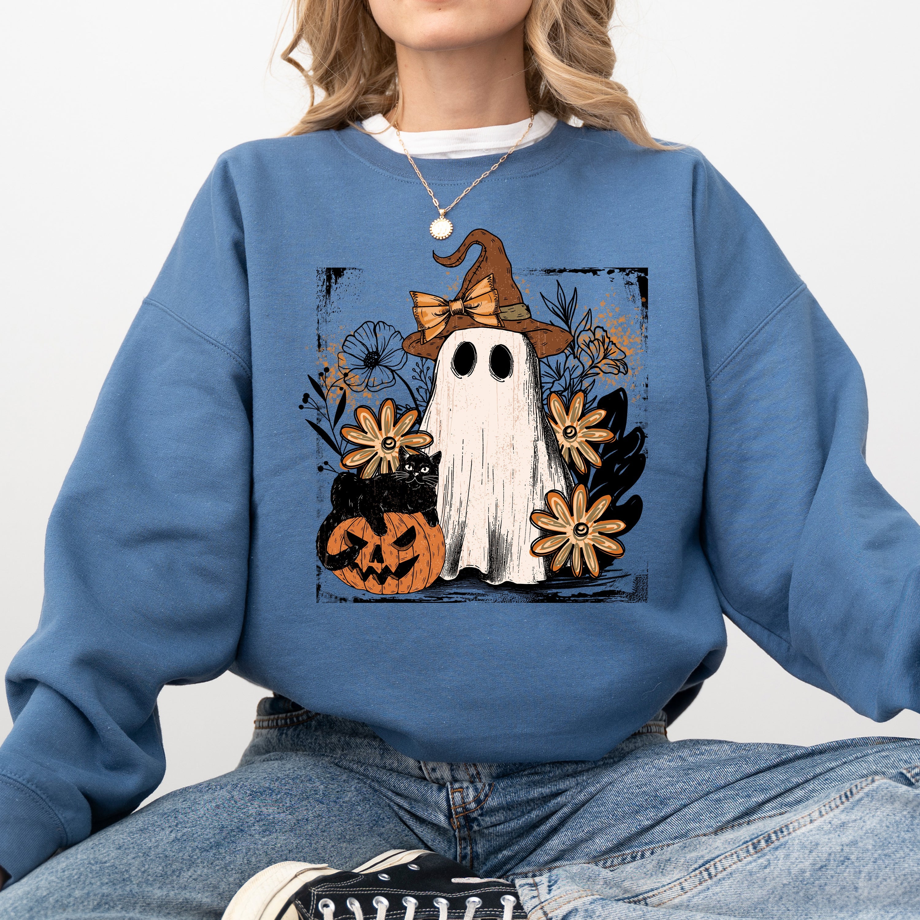 Pink Neon Ghost Witch Bow Pumpkin Floral Coquette Retro Halloween Graphic Sweatshirt