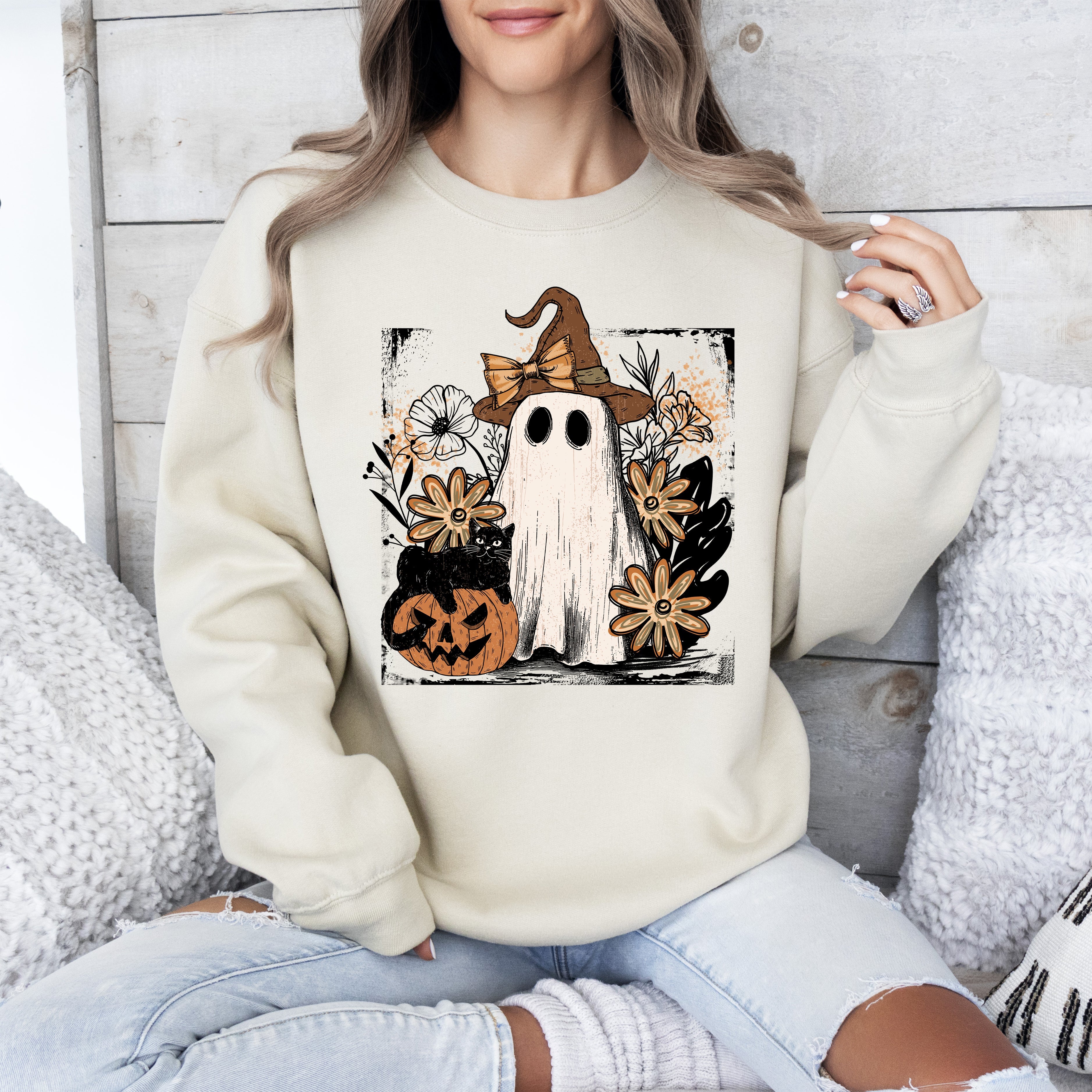 Pink Neon Ghost Witch Bow Pumpkin Floral Coquette Retro Halloween Graphic Sweatshirt