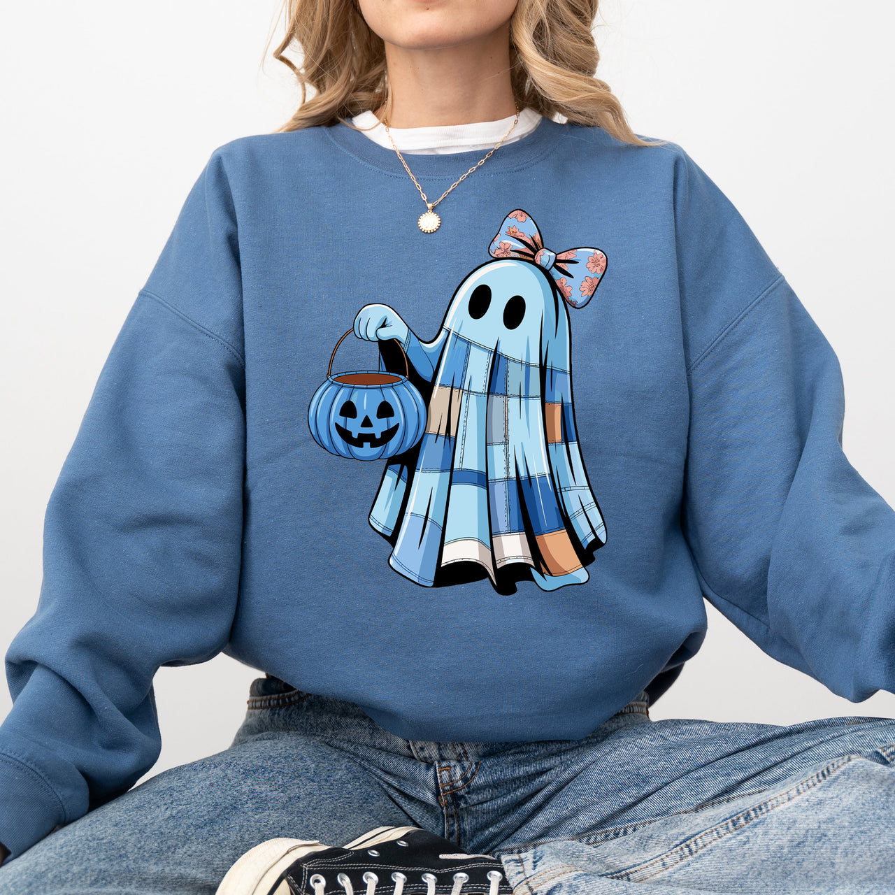 Blue Ghost Patchwork Trick Or Treat Witch Pumpkin Floral Retro Spooky Graphic Sweatshirt