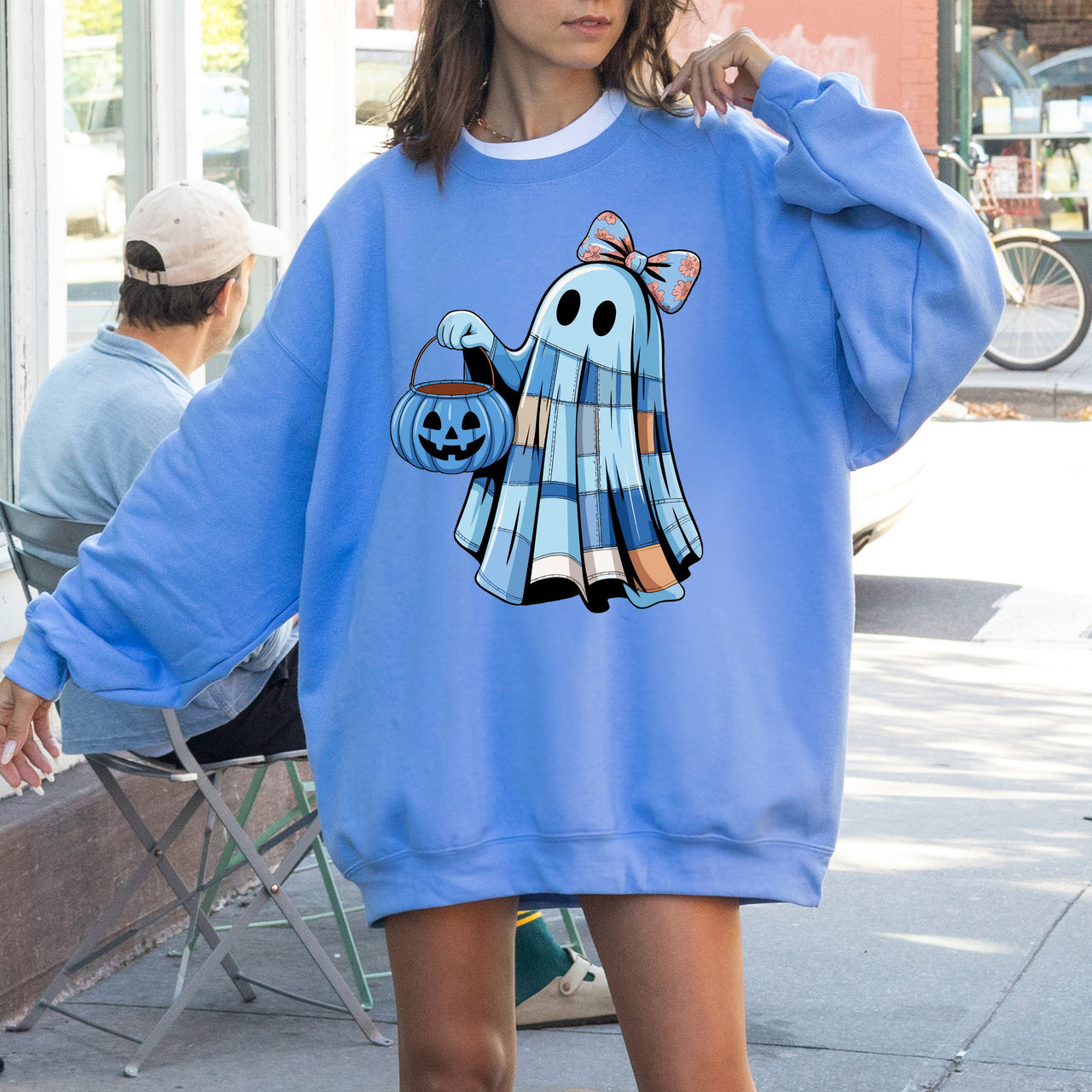 Blue Ghost Patchwork Trick Or Treat Witch Pumpkin Floral Retro Spooky Graphic Sweatshirt