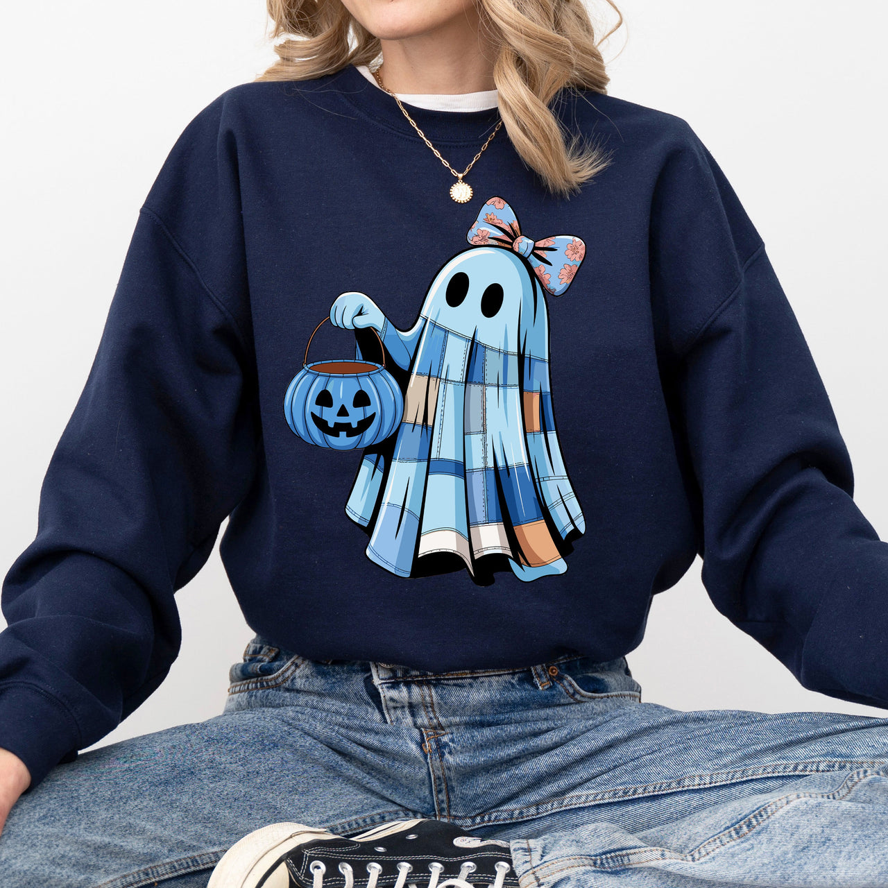 Blue Ghost Patchwork Trick Or Treat Witch Pumpkin Floral Retro Spooky Graphic Sweatshirt