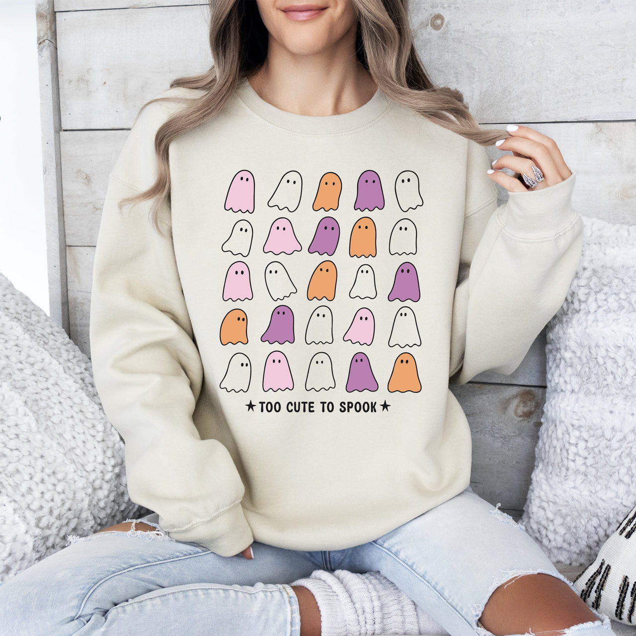 Too Cute To Spook Mini Ghosts Halloween Vintage Pumpkin Retro Spooky Fall Graphic Sweatshirt