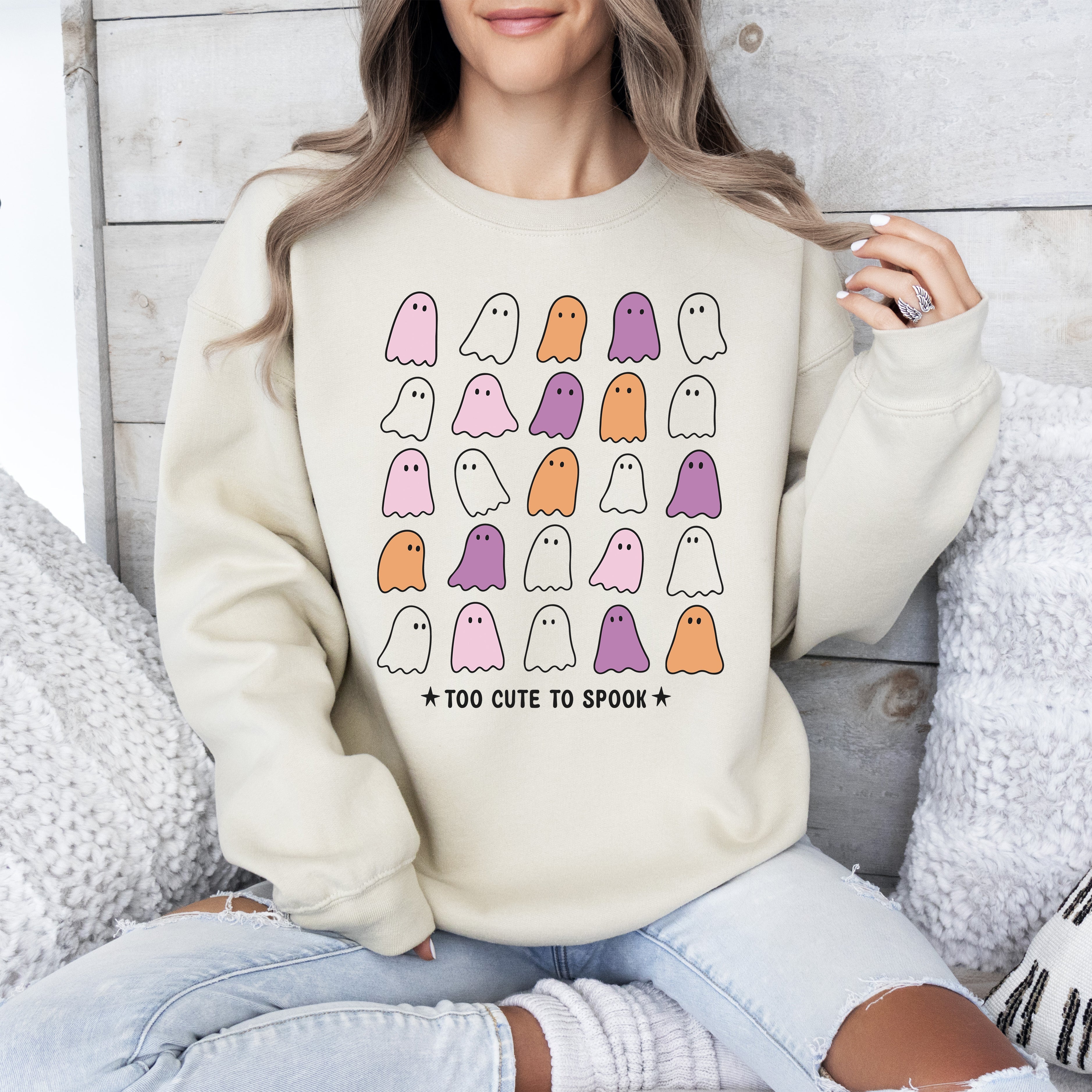 Too Cute To Spook Mini Ghosts Halloween Vintage Pumpkin Retro Spooky Fall Graphic Sweatshirt