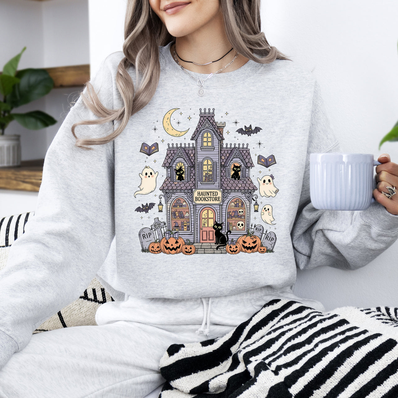 Haunted Book Store Ghost Halloween Vintage Pumpkin Retro Spooky Graphic Sweatshirt