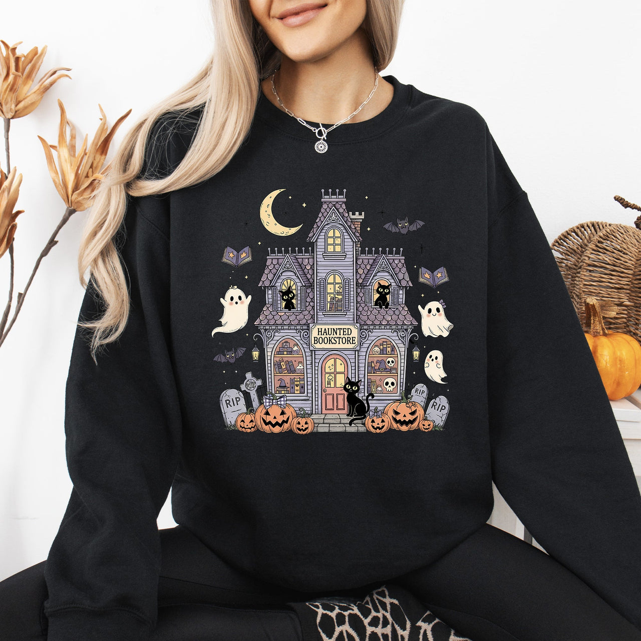 Haunted Book Store Ghost Halloween Vintage Pumpkin Retro Spooky Graphic Sweatshirt