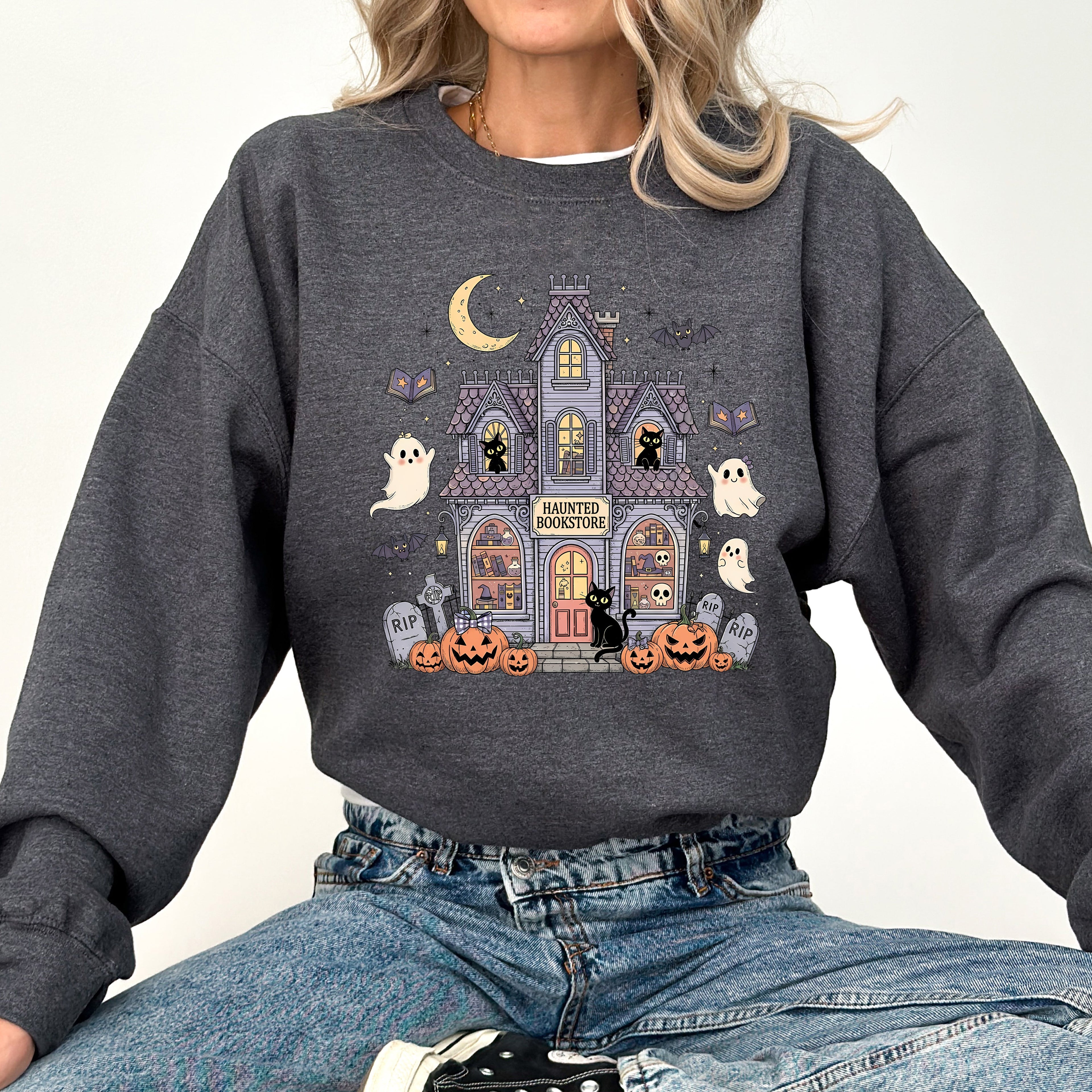 Haunted Book Store Ghost Halloween Vintage Pumpkin Retro Spooky Graphic Sweatshirt
