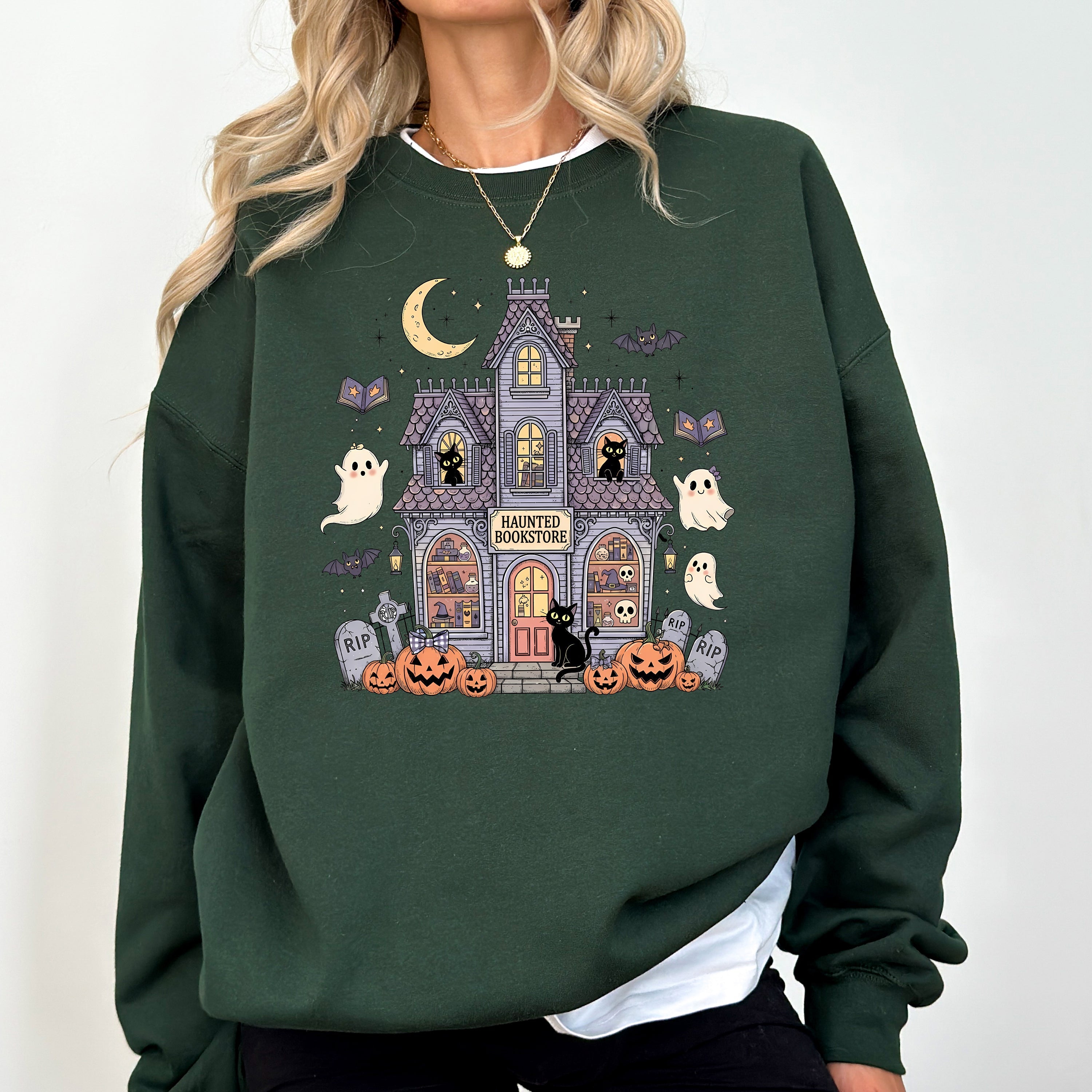 Haunted Book Store Ghost Halloween Vintage Pumpkin Retro Spooky Graphic Sweatshirt