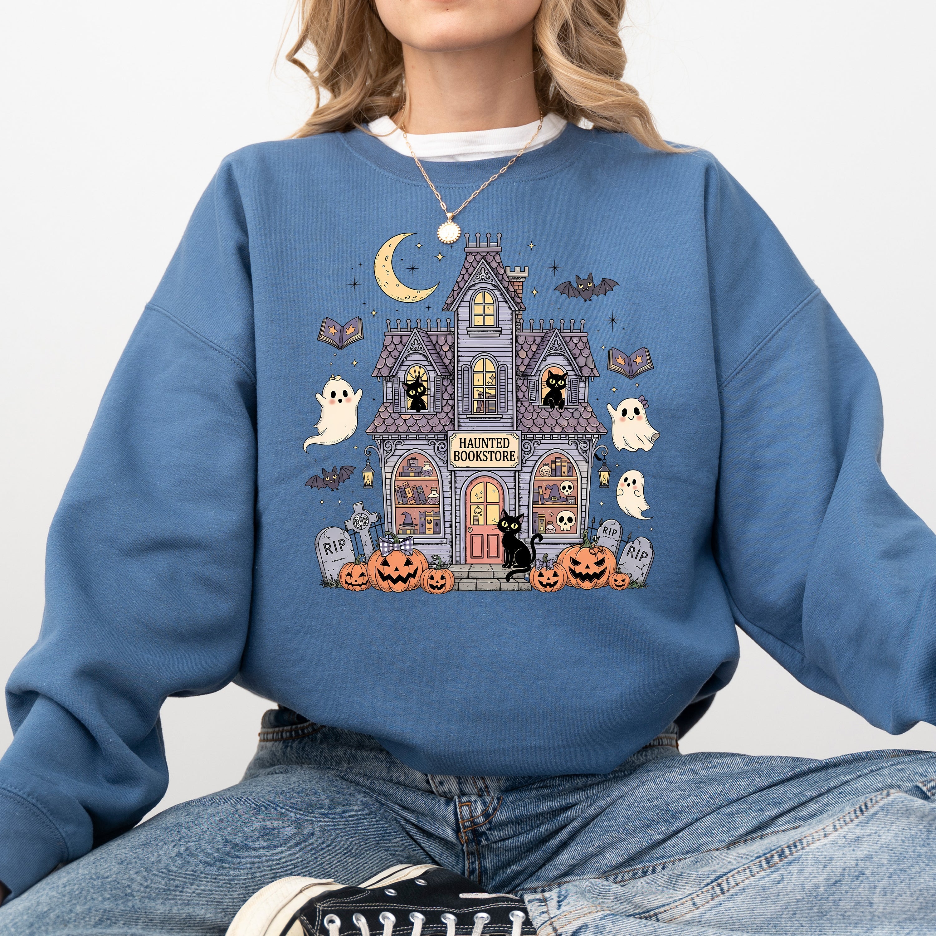 Haunted Book Store Ghost Halloween Vintage Pumpkin Retro Spooky Graphic Sweatshirt