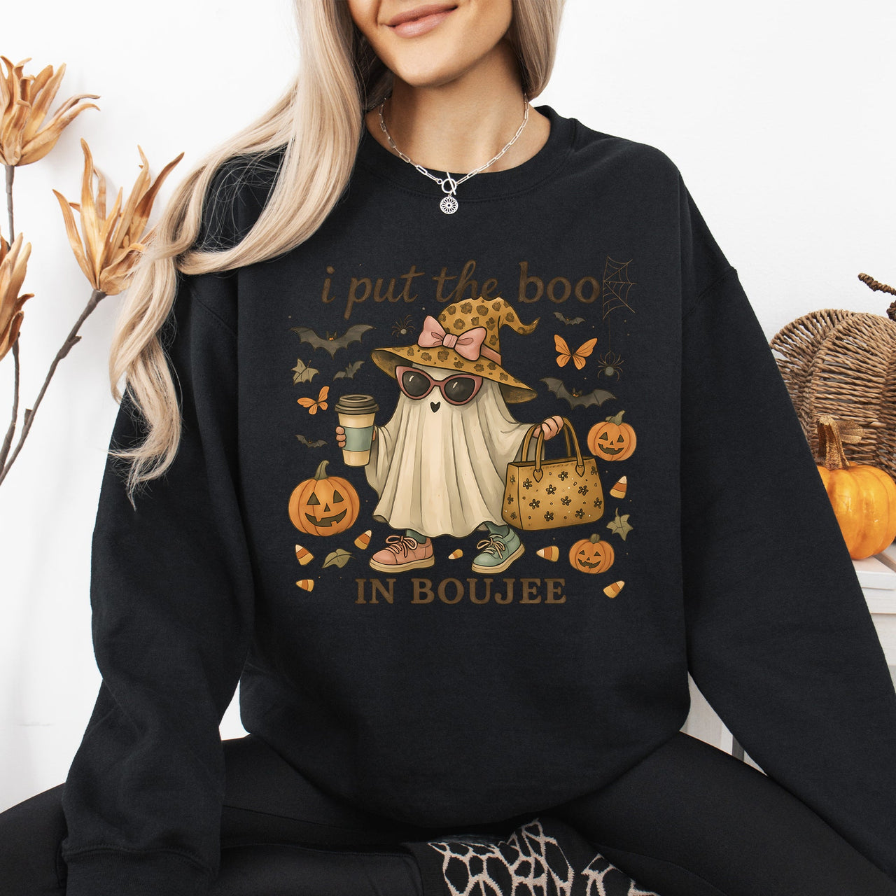 Boujee Ghost Fancy Halloween Vintage Pumpkin Retro Spooky Costume Fall Graphic Sweatshirt