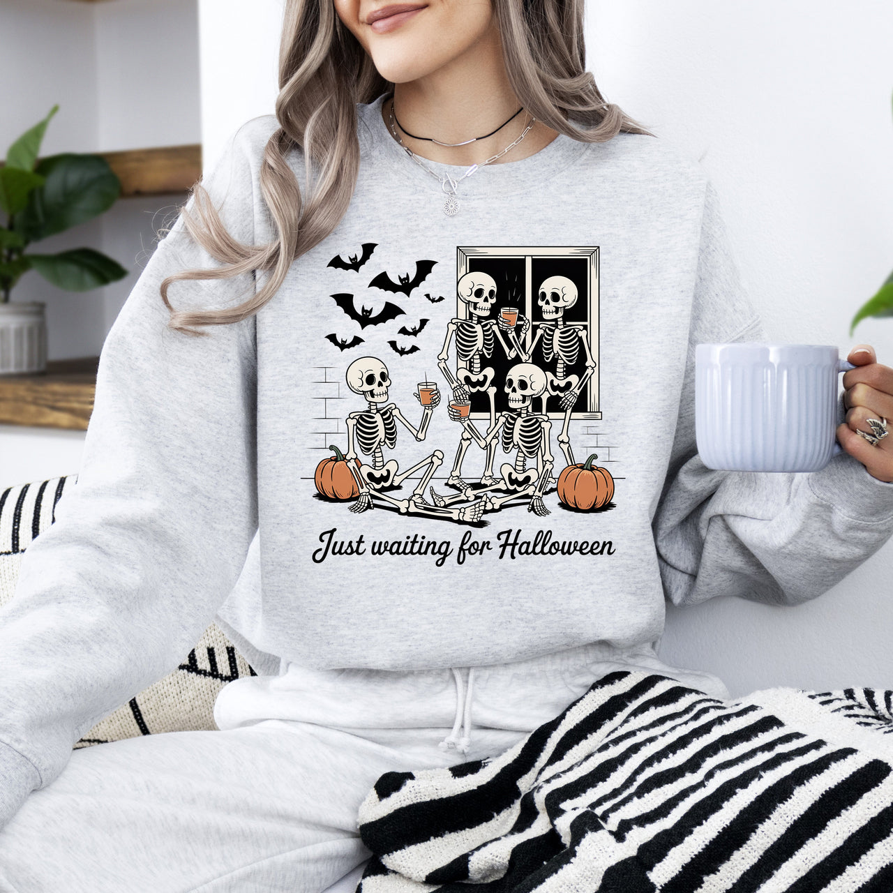 Just Waiting for Halloween Skeleton Ghost Vintage Retro Spooky Costume Fall Graphic Sweatshirt