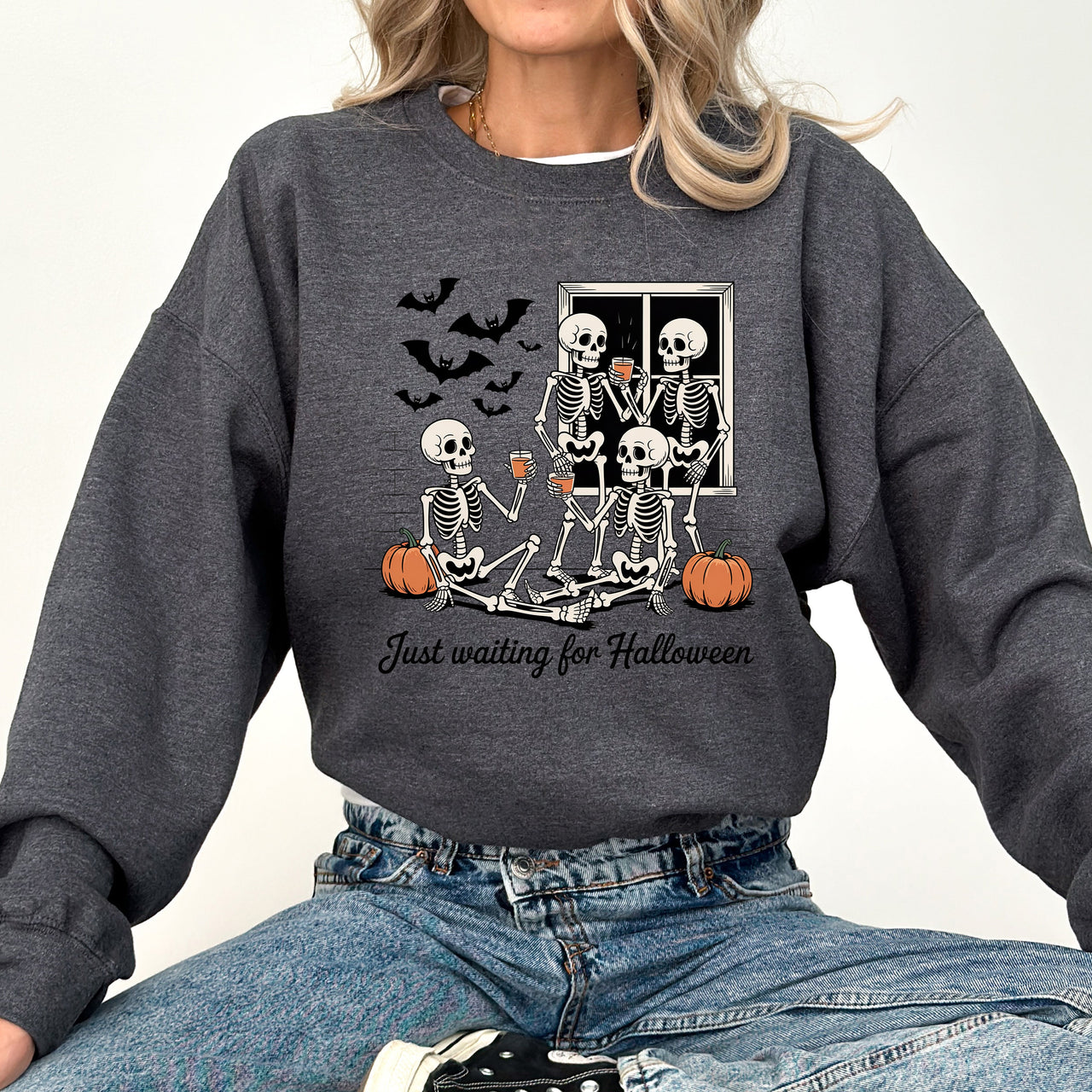 Just Waiting for Halloween Skeleton Ghost Vintage Retro Spooky Costume Fall Graphic Sweatshirt