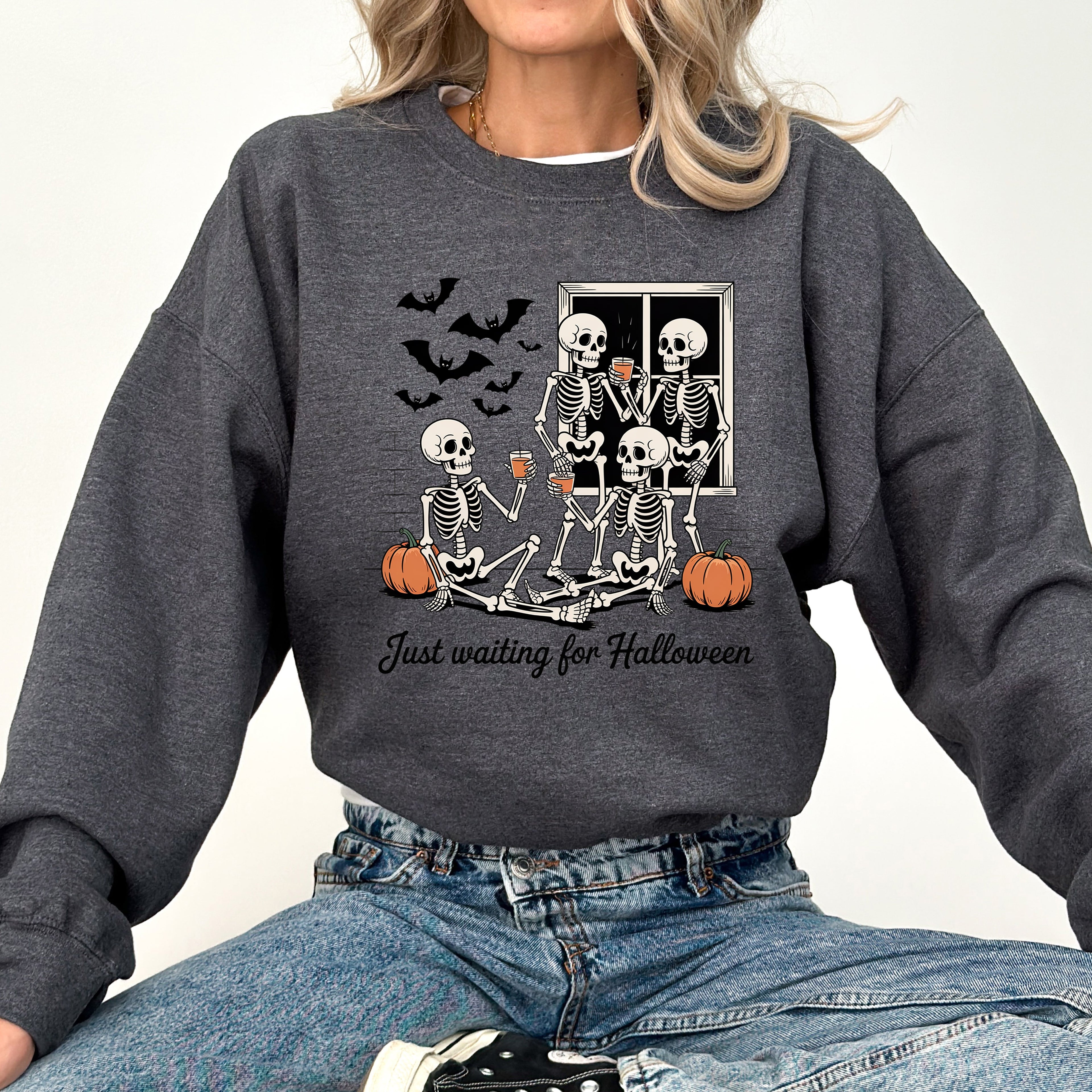 Just Waiting for Halloween Skeleton Ghost Vintage Retro Spooky Costume Fall Graphic Sweatshirt